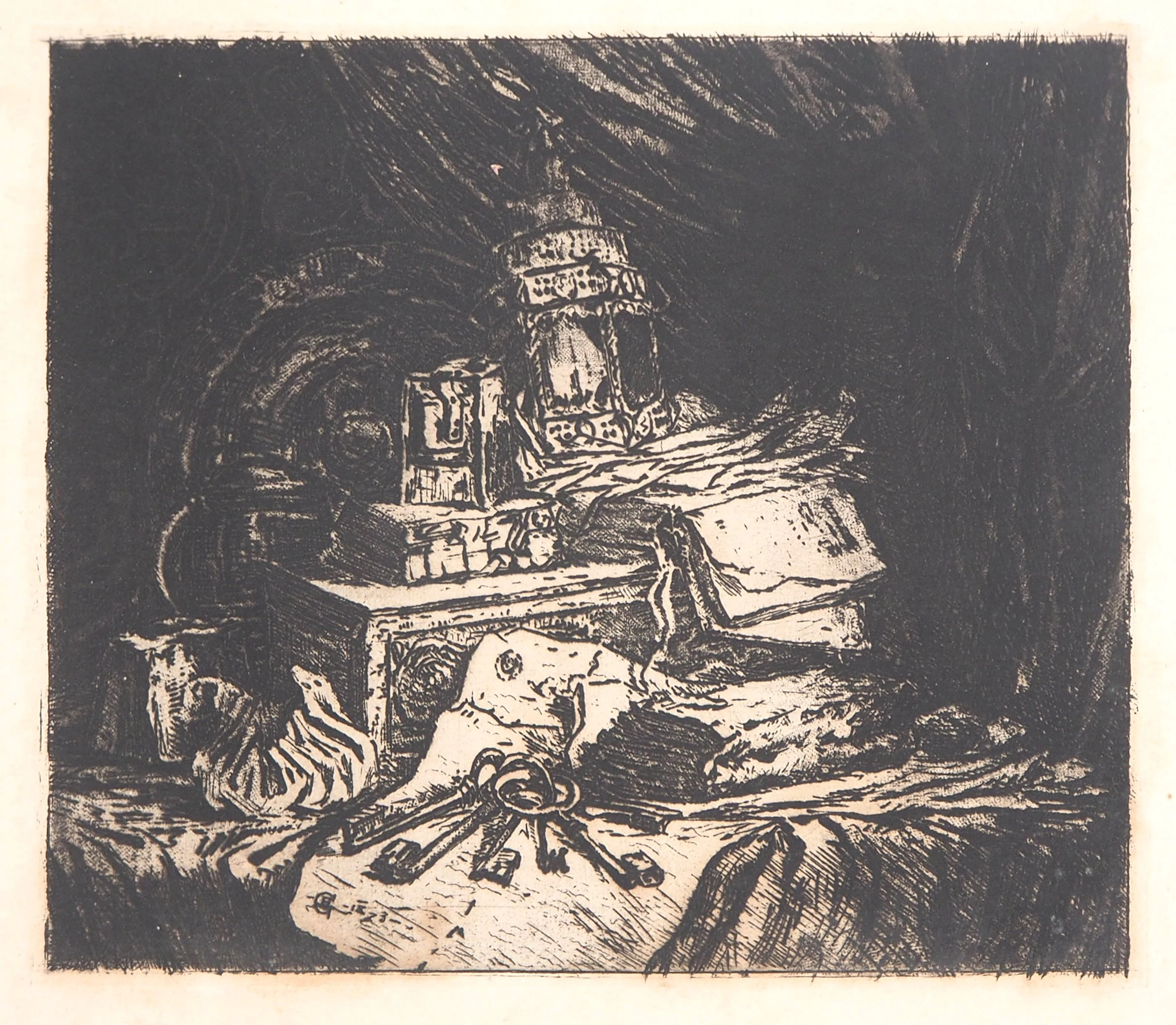 Henri GUERARD : Lanterne, coffre et clés - Gravure originale signée