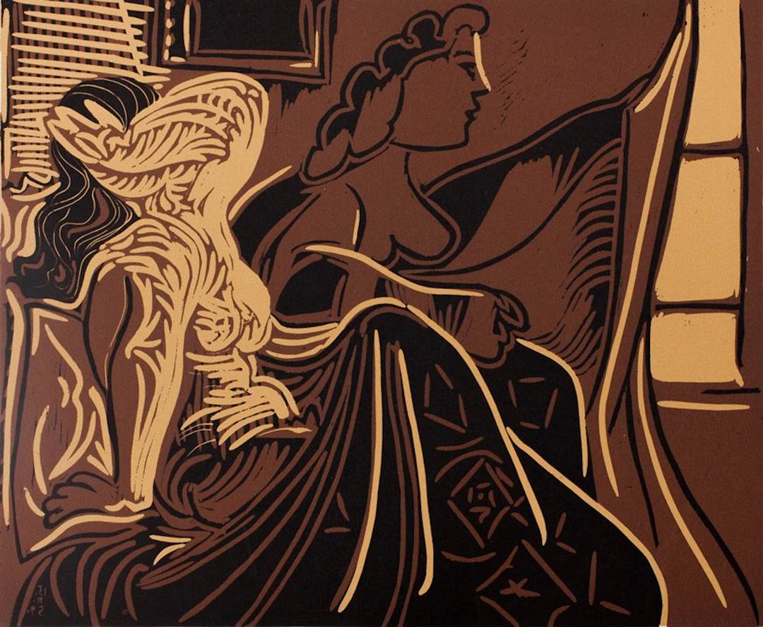 Pablo PICASSO : L'attente : Deux femmes à la fenêtre, Linogravure
