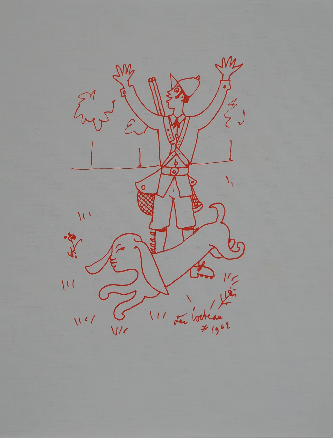Jean COCTEAU : Chasseur er son chien, Lithographie originale signée