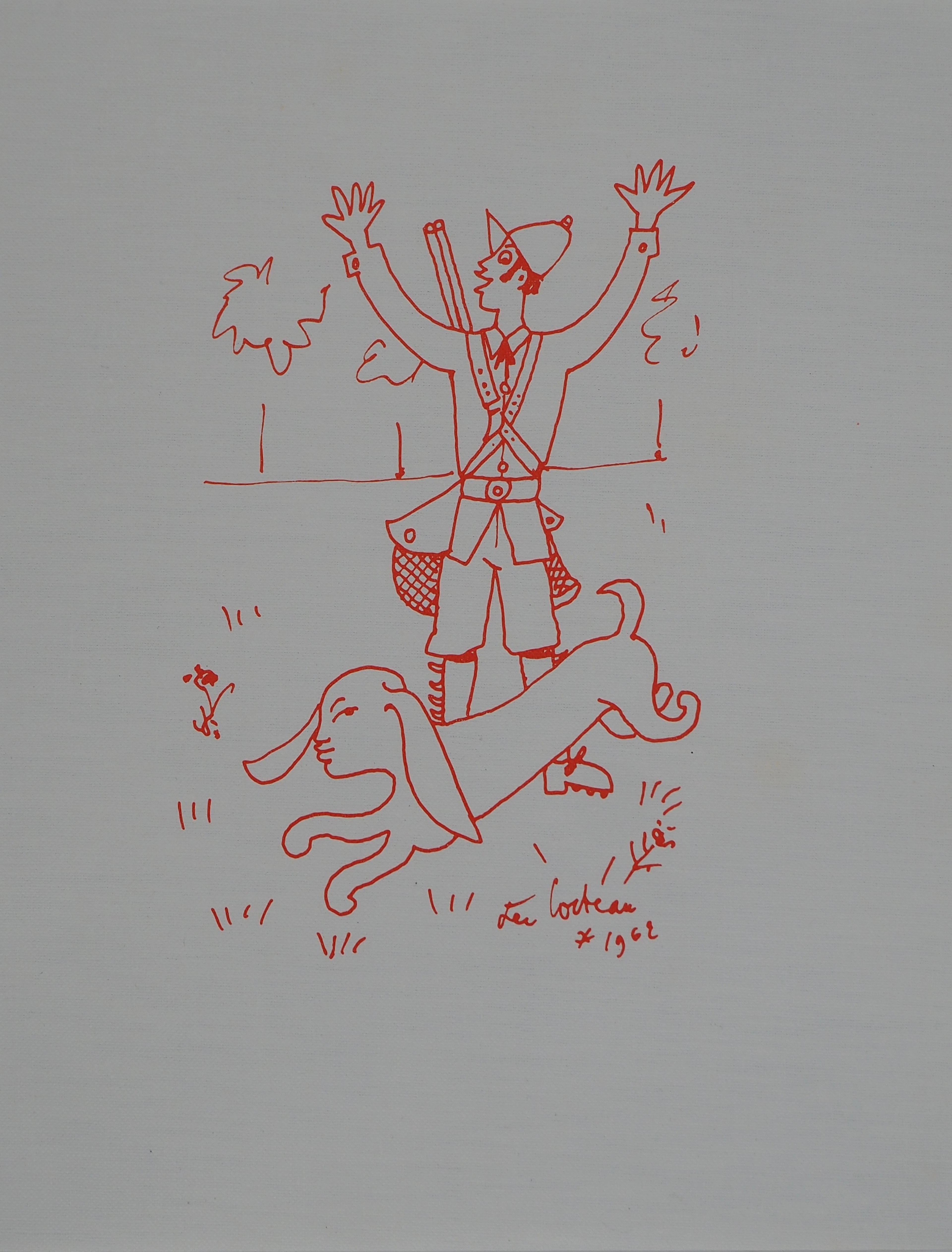Jean COCTEAU : Chasseur er son chien, Lithographie originale signée