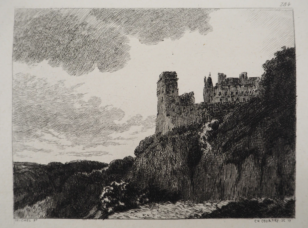 Georges Michel (d’après) Château à flanc de falaise - Gravure d’après peinture