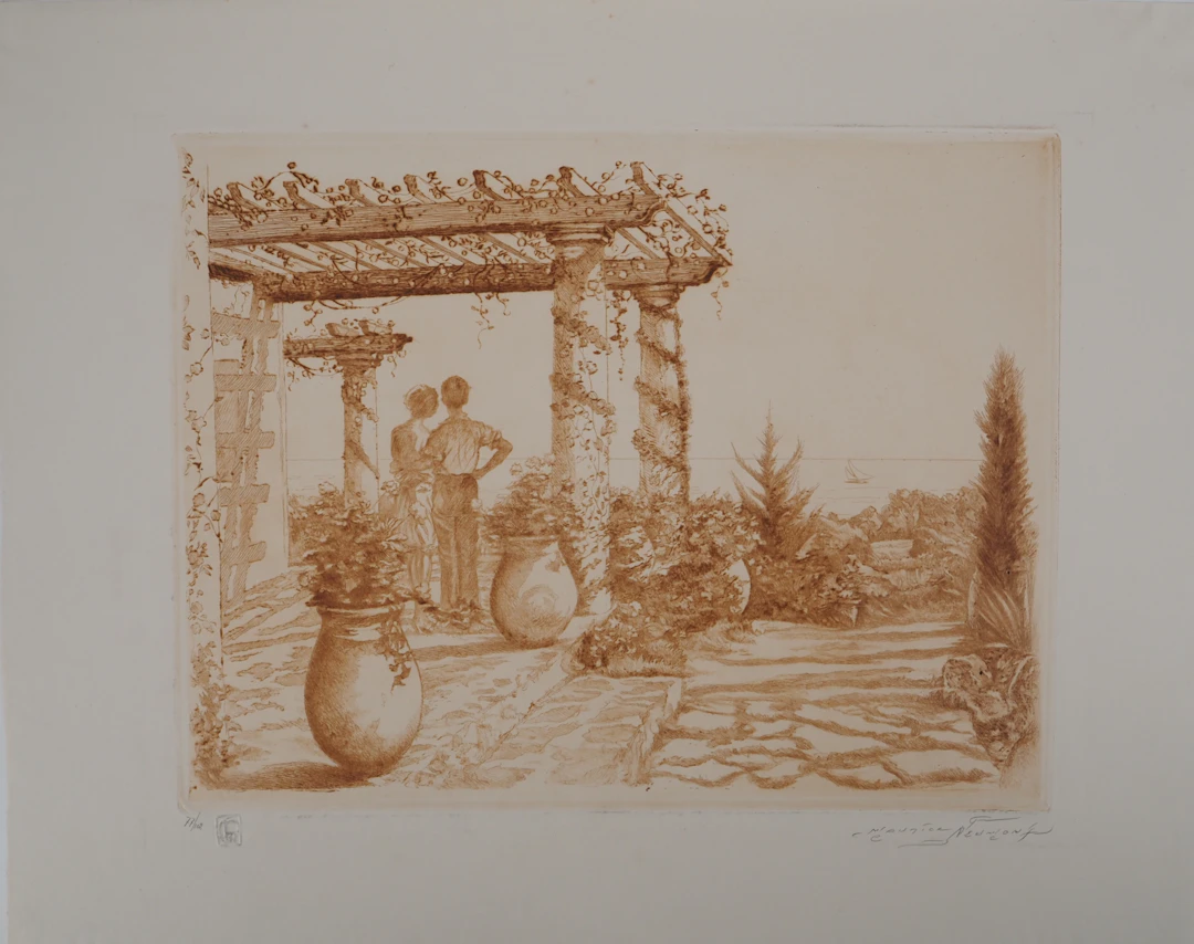Maurice NEUMONT - Les amoureux et la villa bucolique - Eau-forte originale