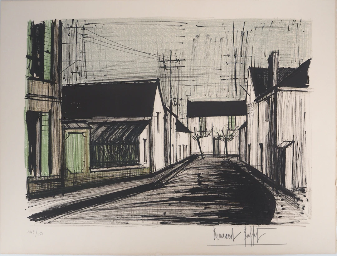 Bernard BUFFET : Bretagne, Rue à Plurien, Lithographie originale signée