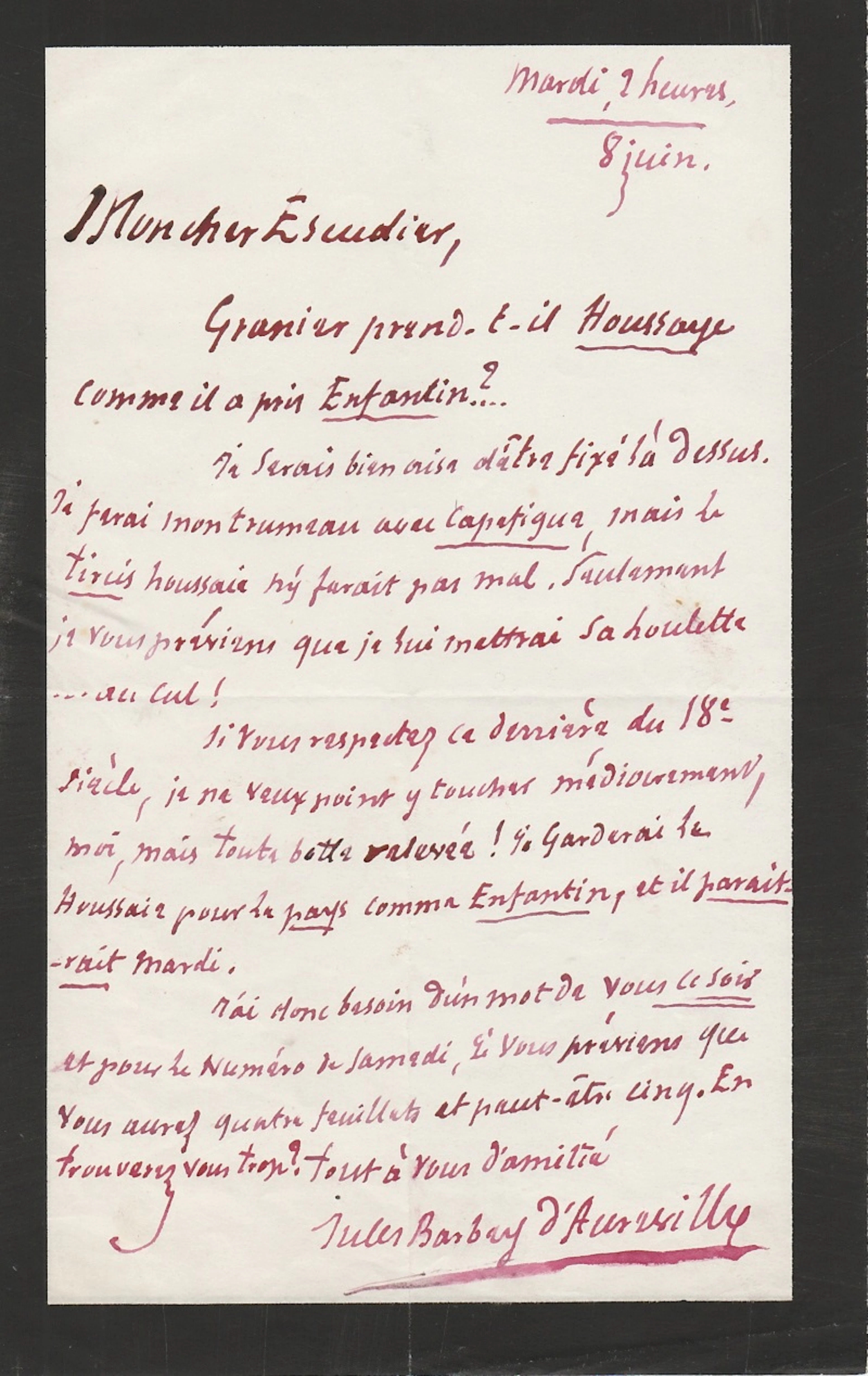Jules BARBEY D’AUREVILLY – Lettre autographe signée