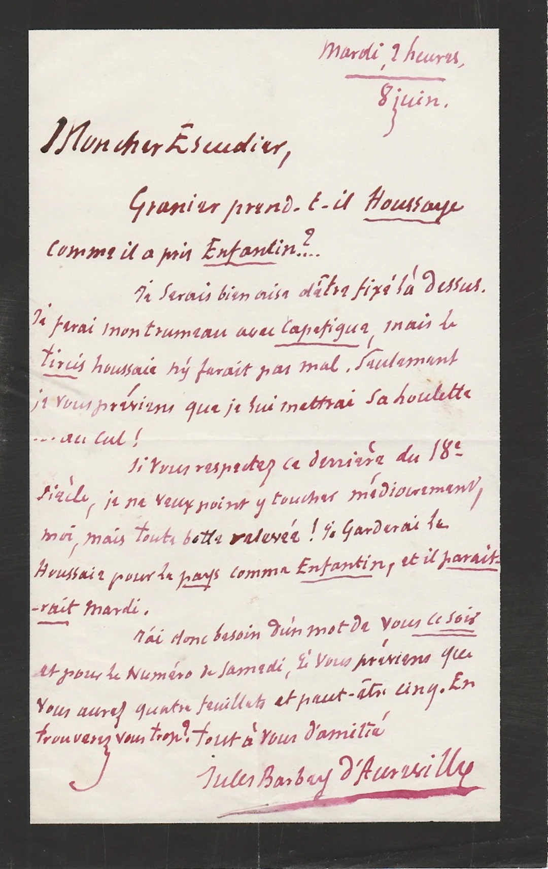Jules BARBEY D’AUREVILLY – Lettre autographe signée