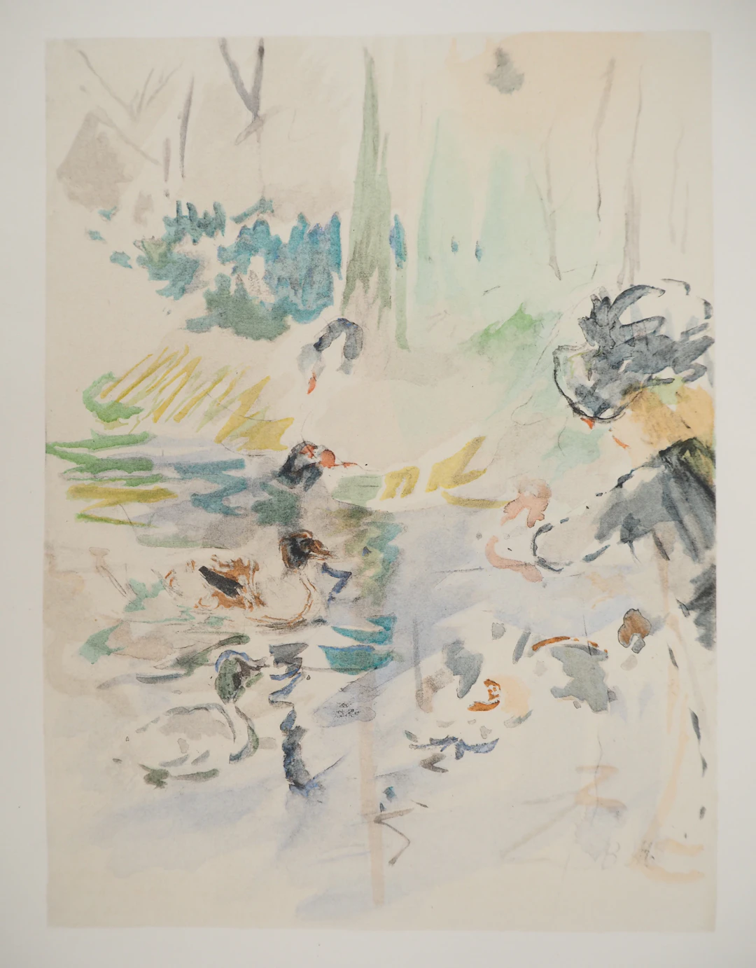 Berthe MORISOT : Petite fille nourrissant des canards, Lithographie signée