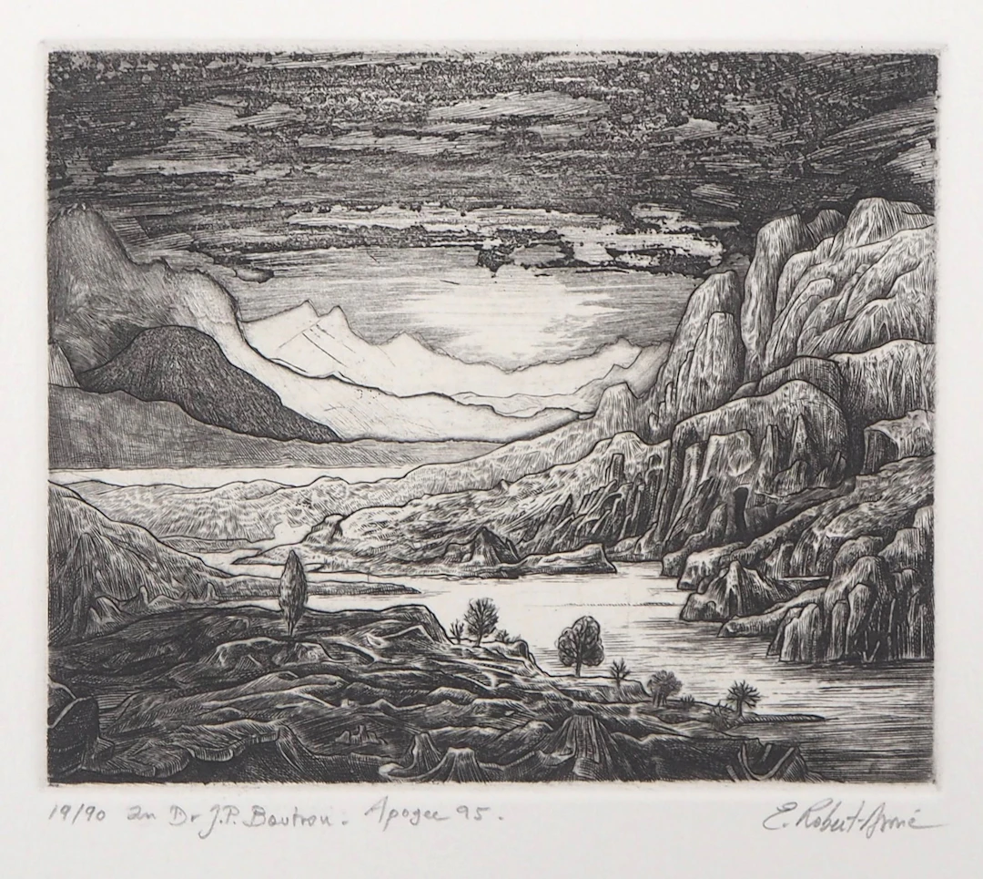 Eric ROBERT-AYME : Paysage surréaliste, 1995 - Gravure originale signée