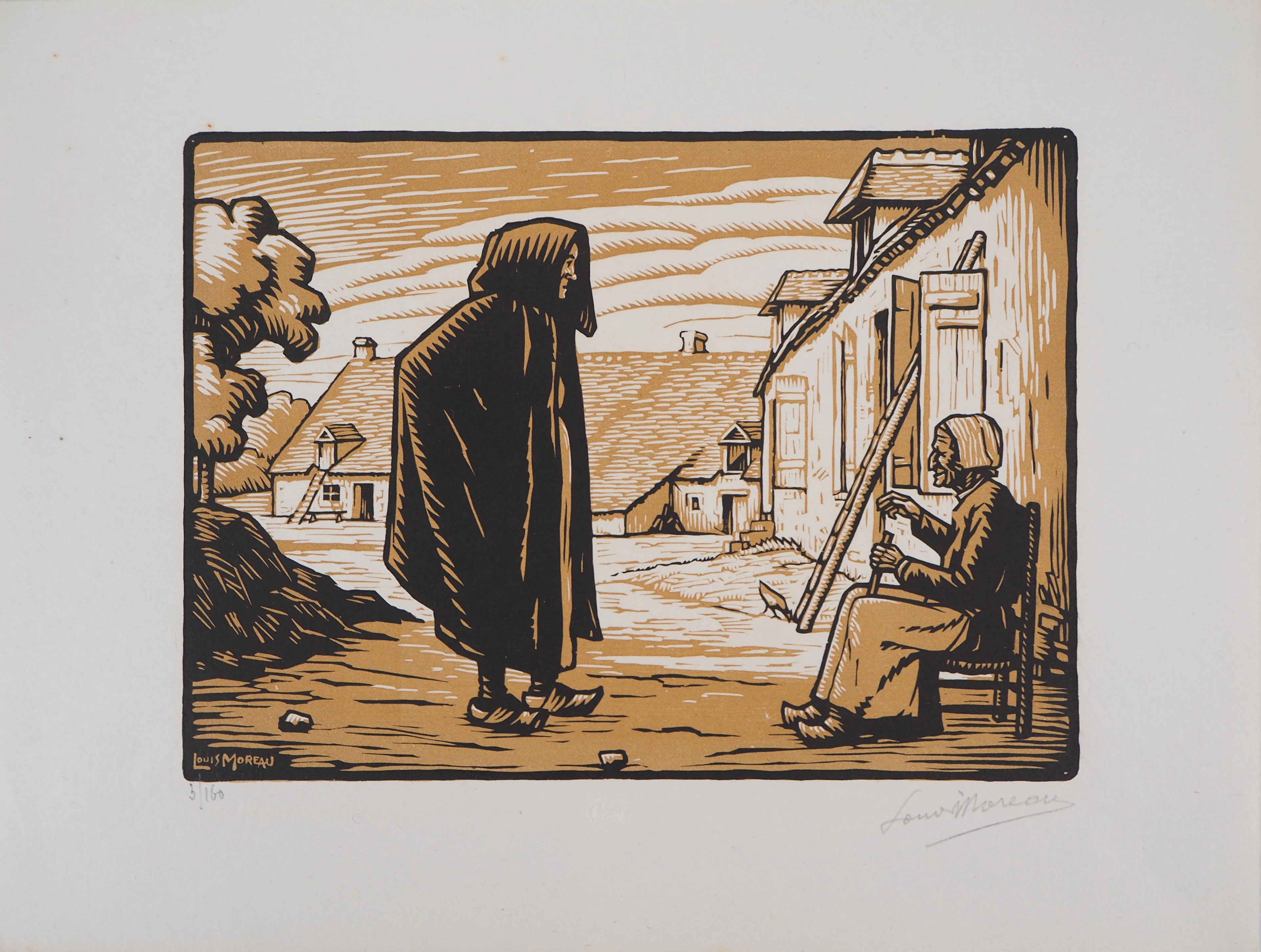 Louis MOREAU : Vieilles berrichonnes - 1929 - Bois gravé original signé