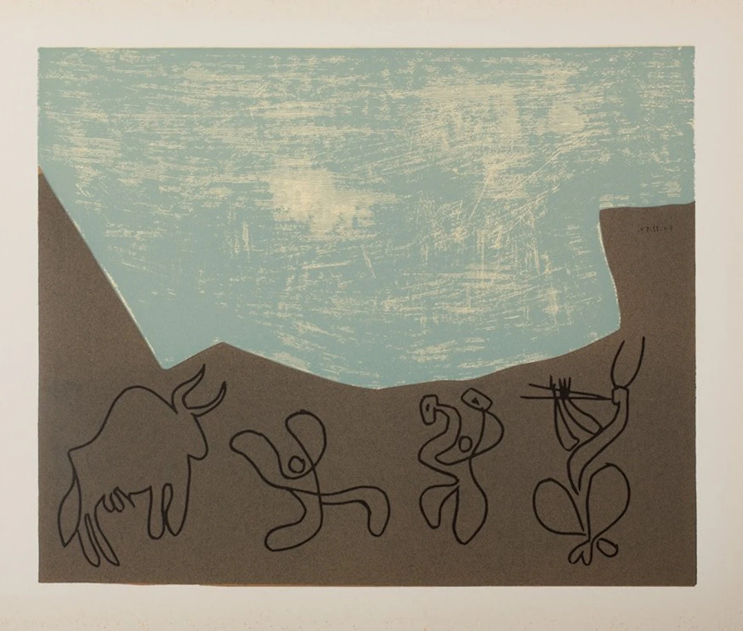 Pablo PICASSO : Bacchanale : Musiciens et Taureau, Linogravure