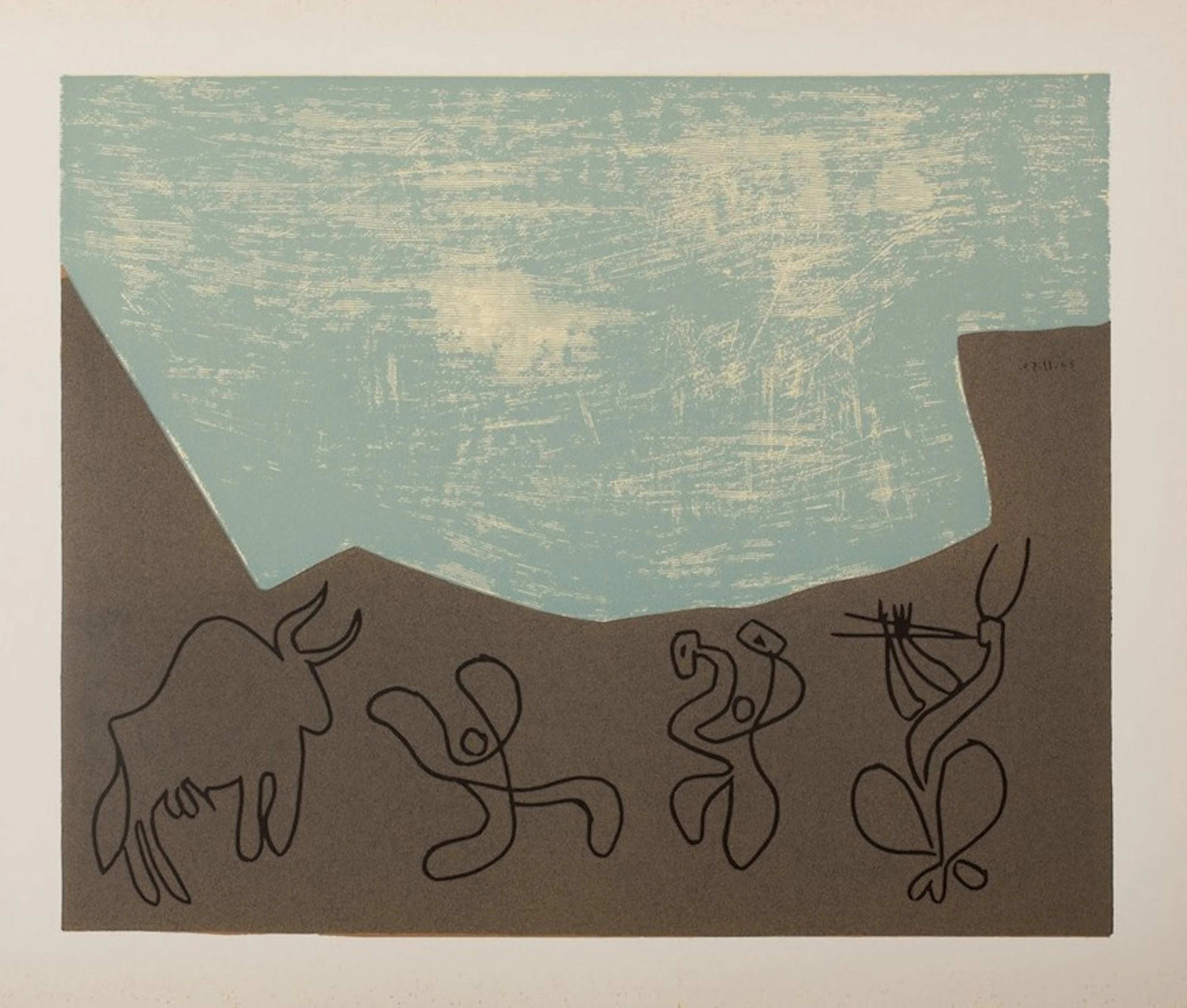 Pablo PICASSO : Bacchanale : Musiciens et Taureau, Linogravure