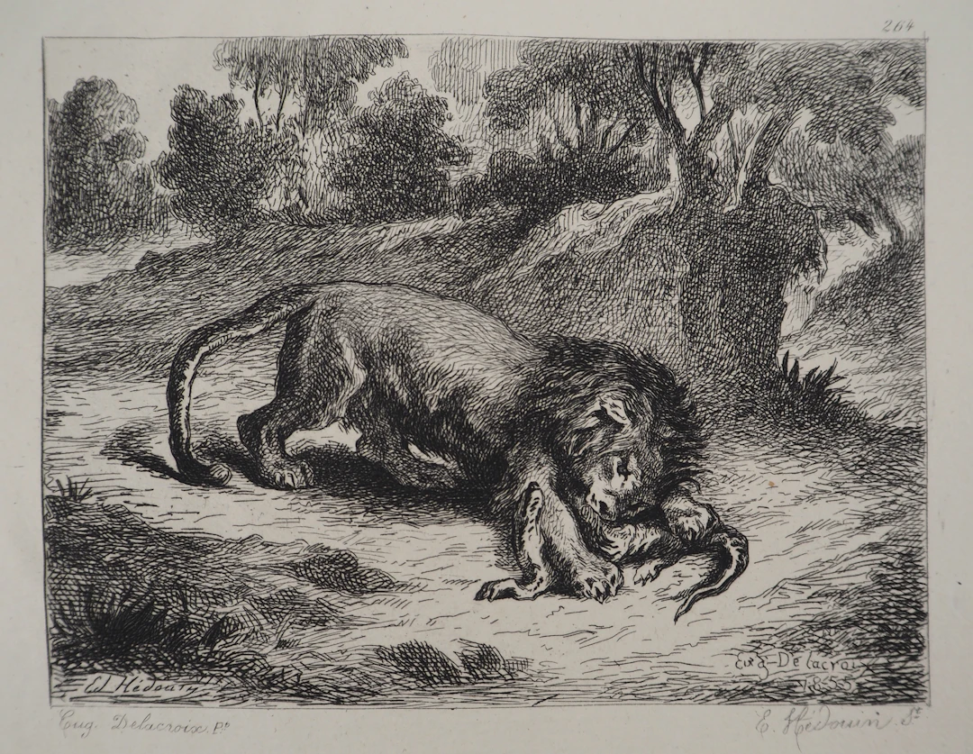 Eugène DELACROIX (d’après) : Lion et caïman, Gravure, Signée #Durand Ruel, 1873