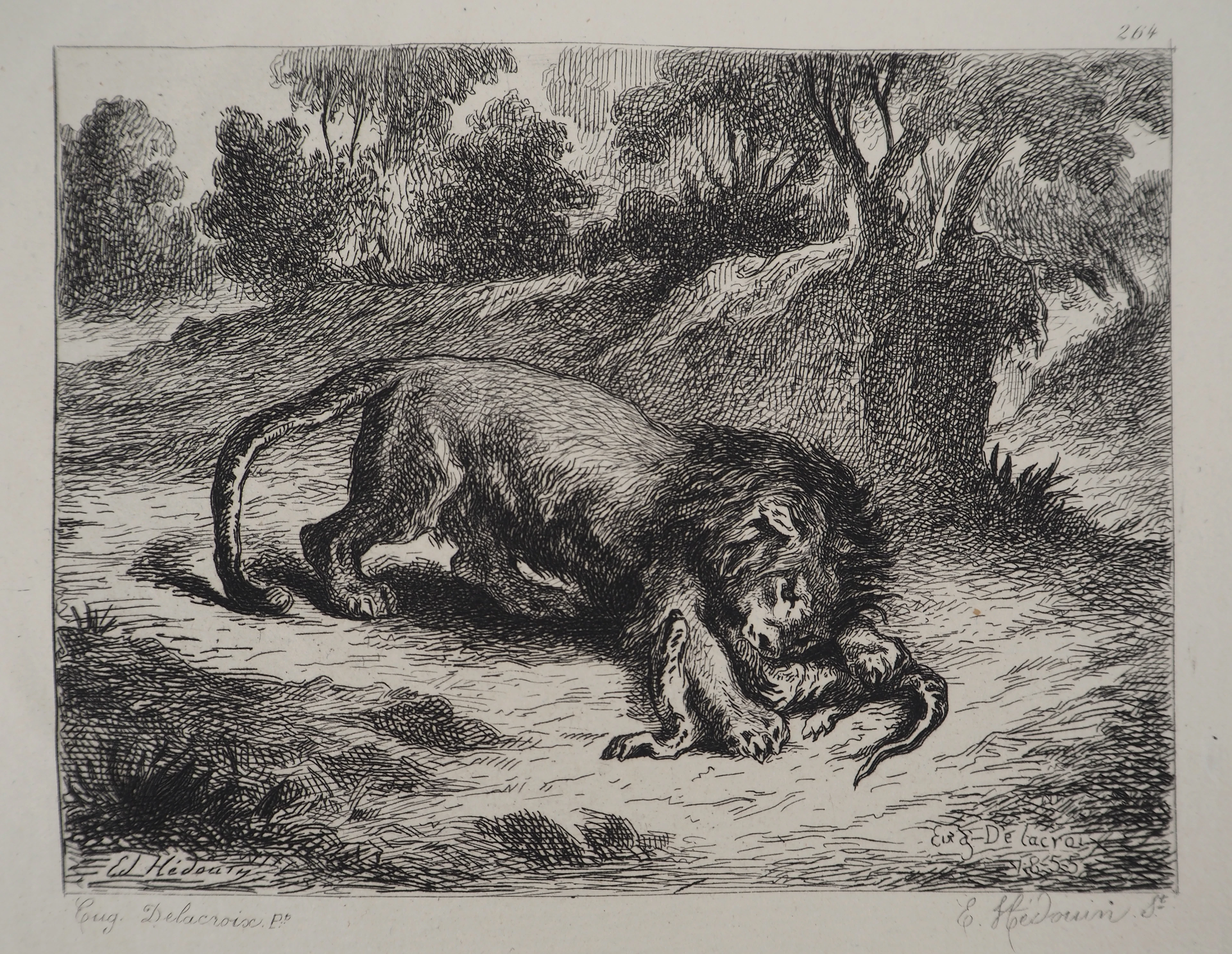 Eugène DELACROIX (d’après) : Lion et caïman, Gravure, Signée #Durand Ruel, 1873