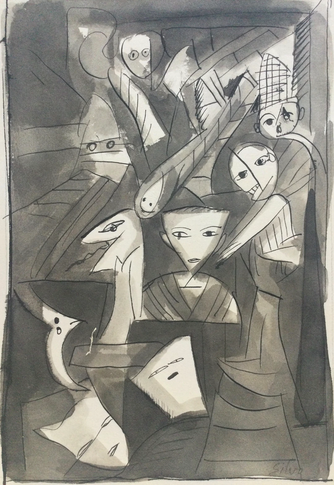 Julio SILVA - Visages et masques - Encre et lavis d’encre signée
