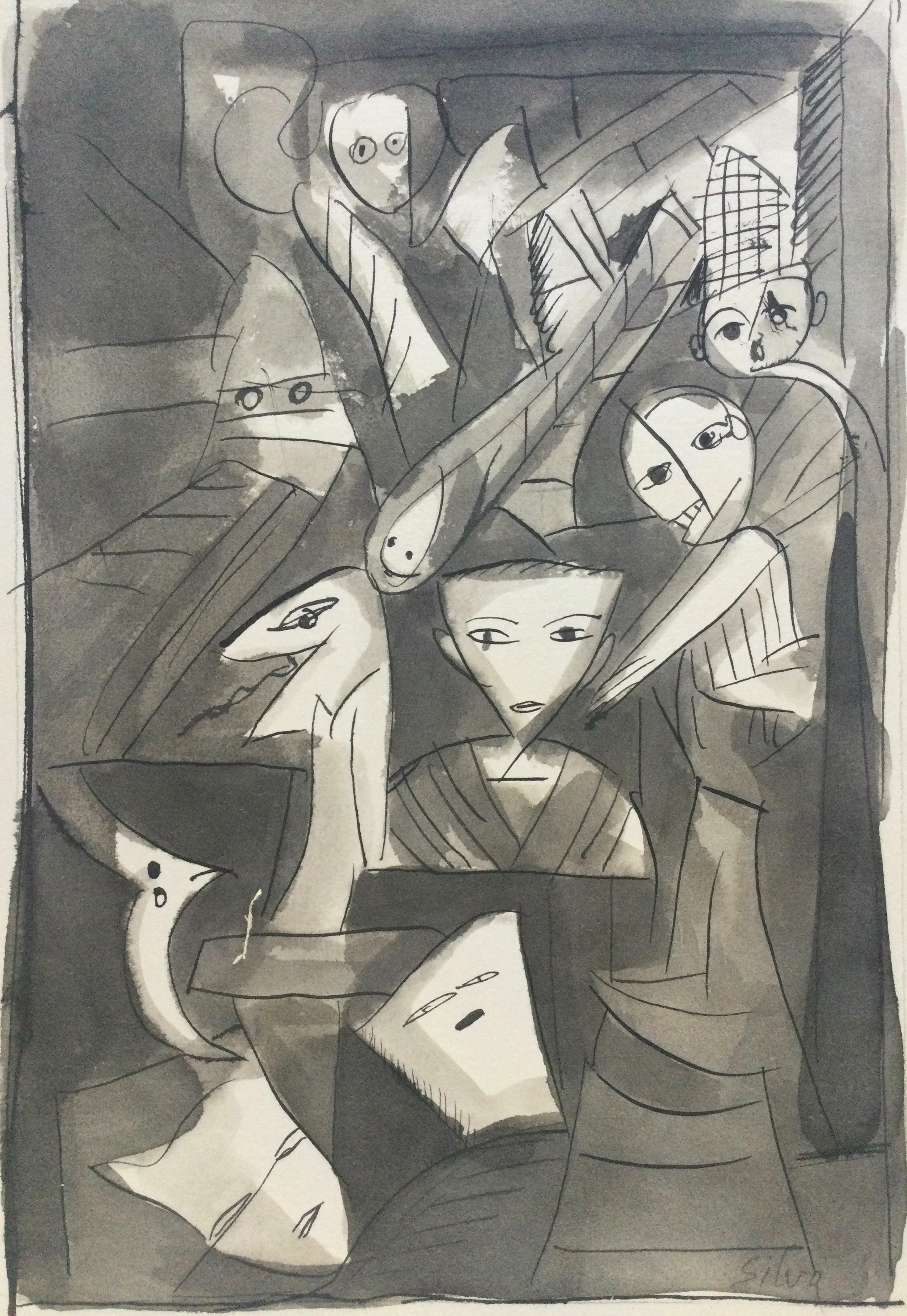 Julio SILVA - Visages et masques - Encre et lavis d’encre signée