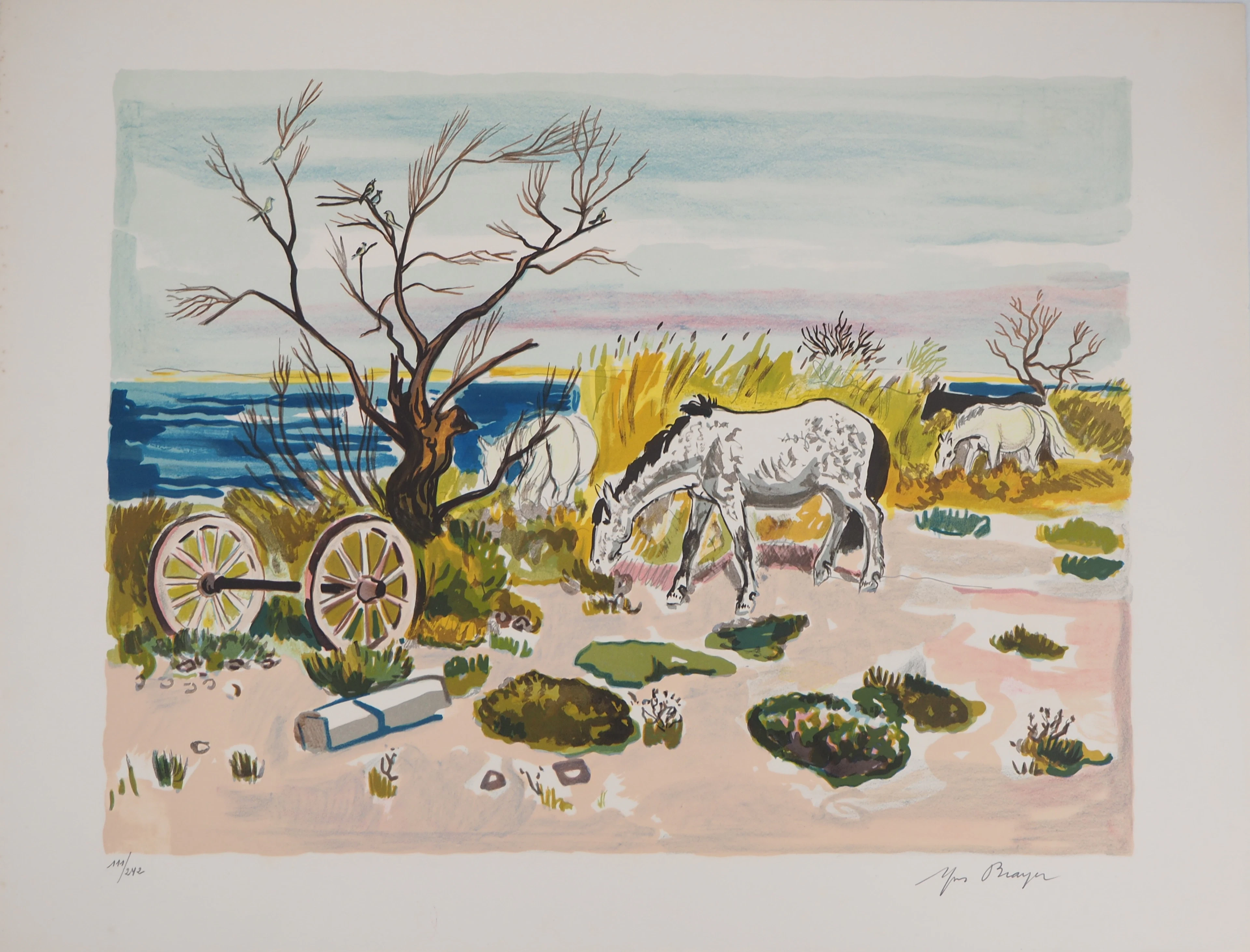 Yves BRAYER - Chevaux de Camargue - Lithographie signée