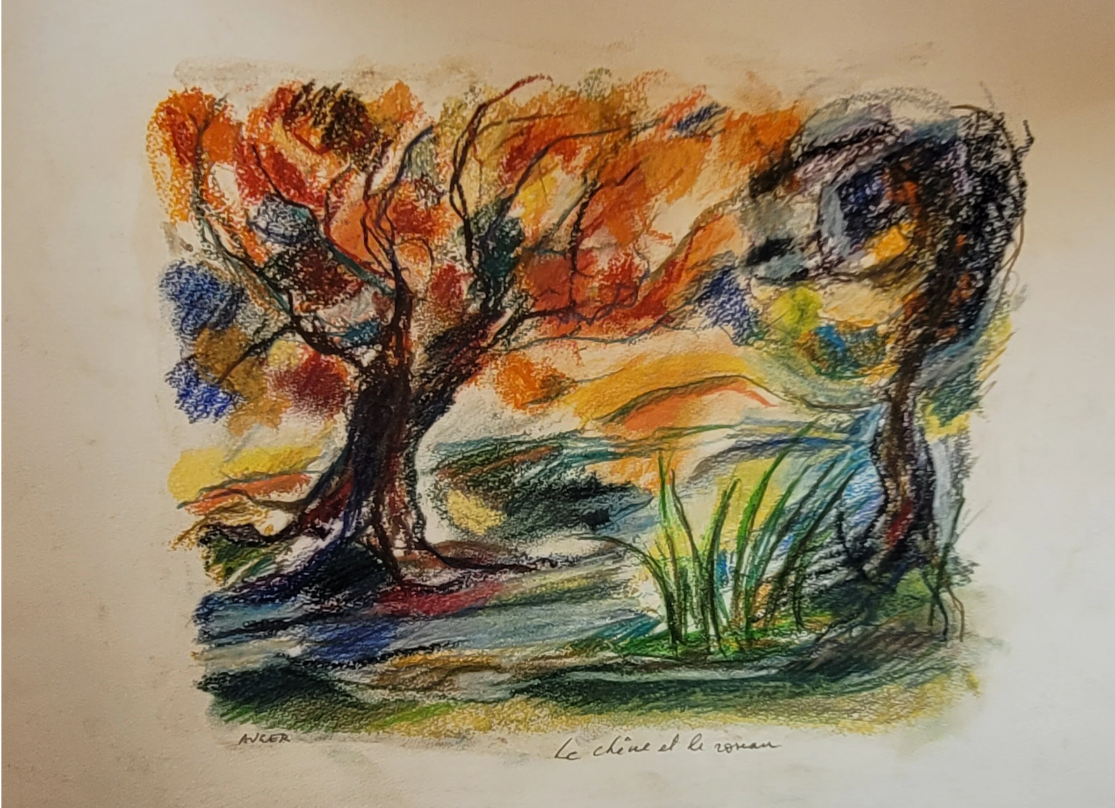Jean Claude AUGER - Le chêne et le roseau, 1990 - Pastel original signé