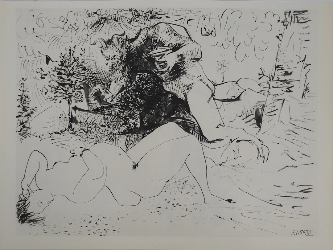 Pablo PICASSO : Comédie Humaine, La visite du satyre, Héliogravure