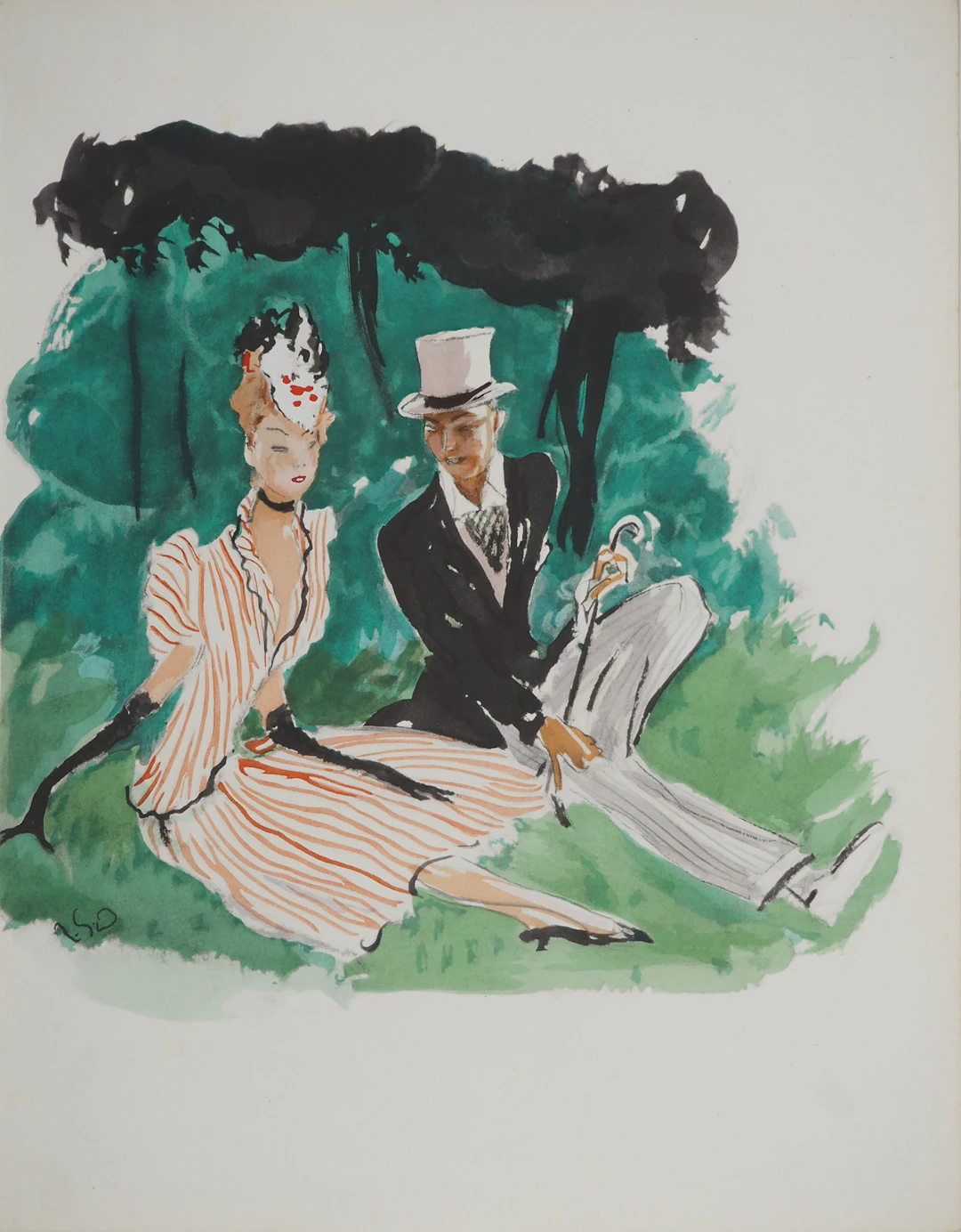 Jean-Gabriel DOMERGUE : Promenade estivale, Lithographie et pochoir signée