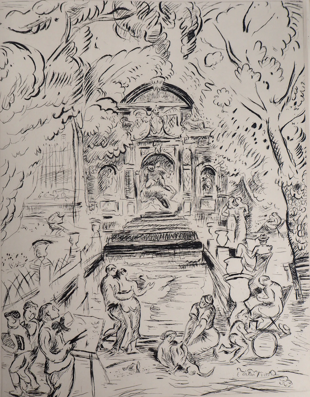 Othon FRIESZ : Fontaine du Jardin du Luxembourg - 1937 - Gravure Originale
