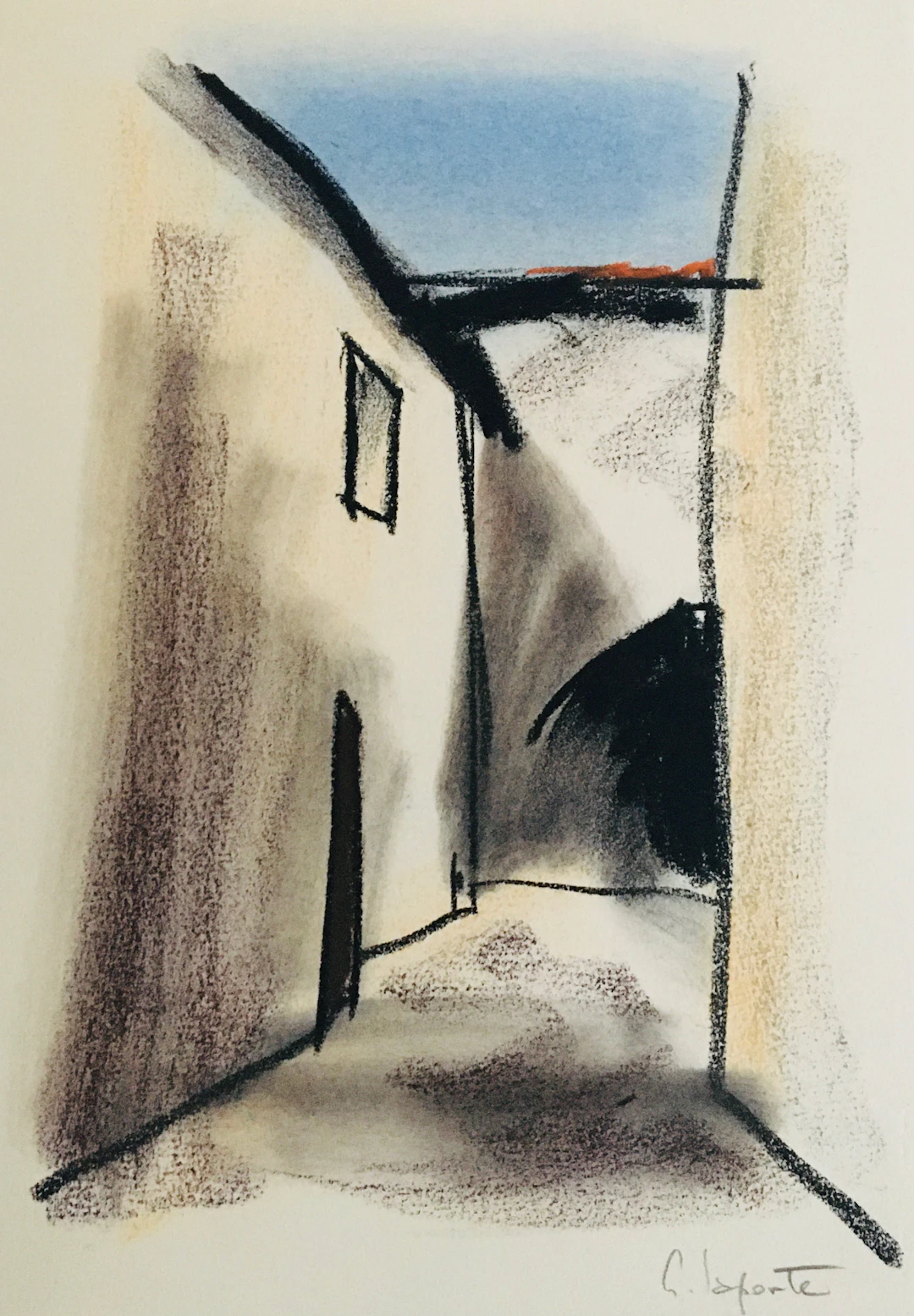 Georges LAPORTE - Ruelle ombragée, 1974 - Pastel original signé