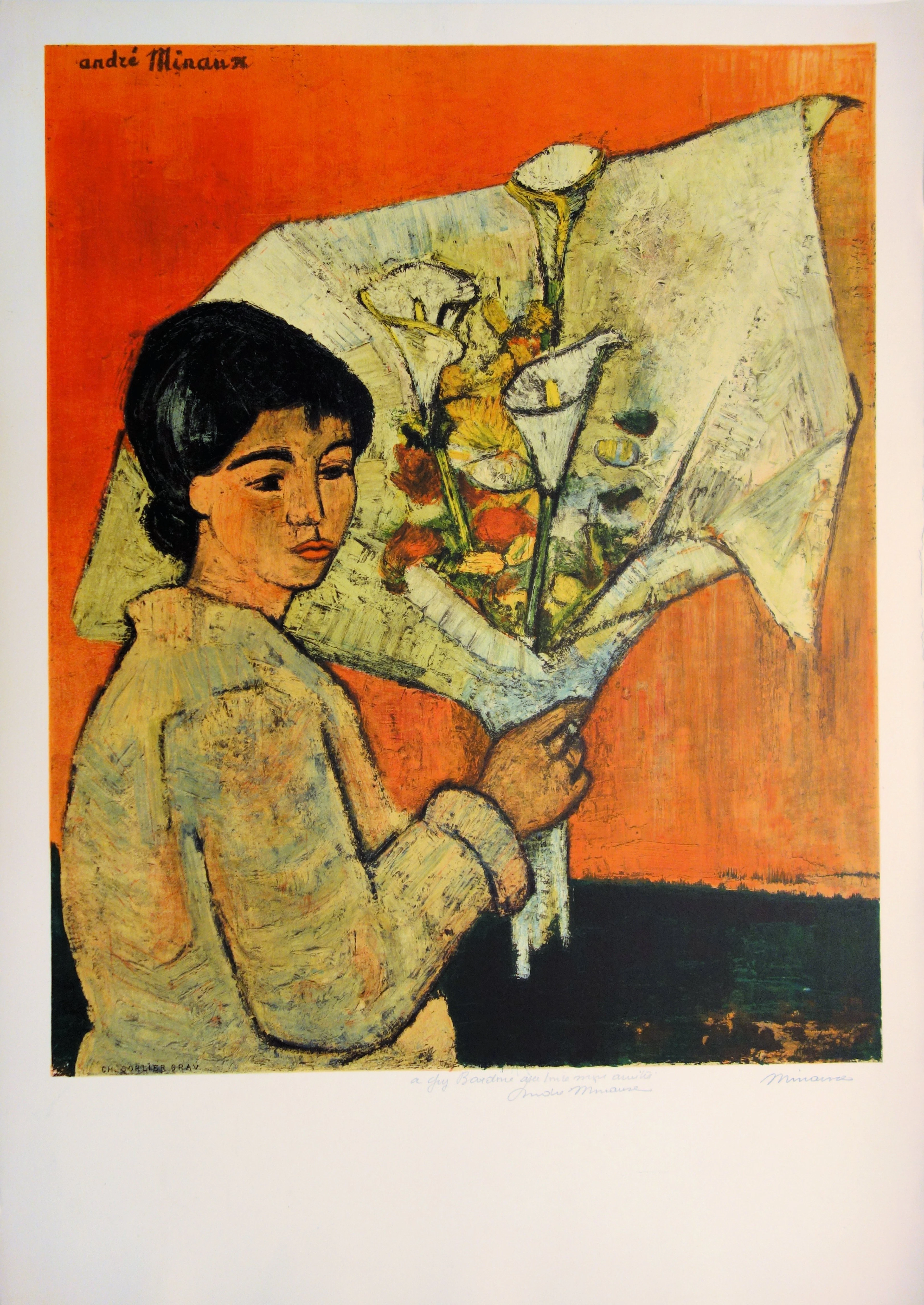 André MINAUX : Femme au bouquet - Lithographie originale Signée