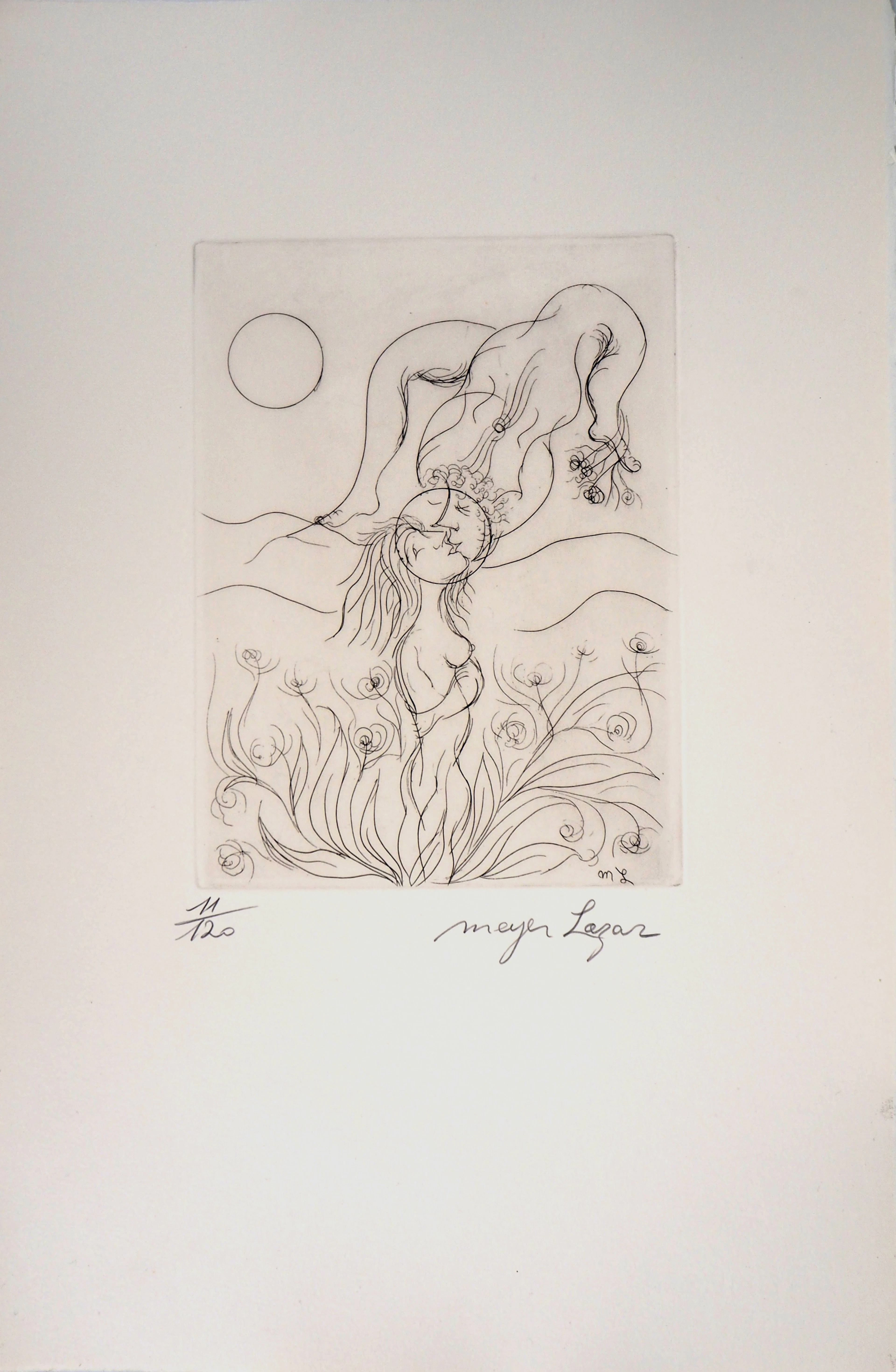 Meyer LAZAR - Amoureux dans un champ de roses, 1974 - Gravure originale signée