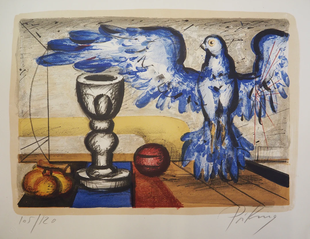 Franz Priking - Nature morte fantastique à l’aigle - Lithographie