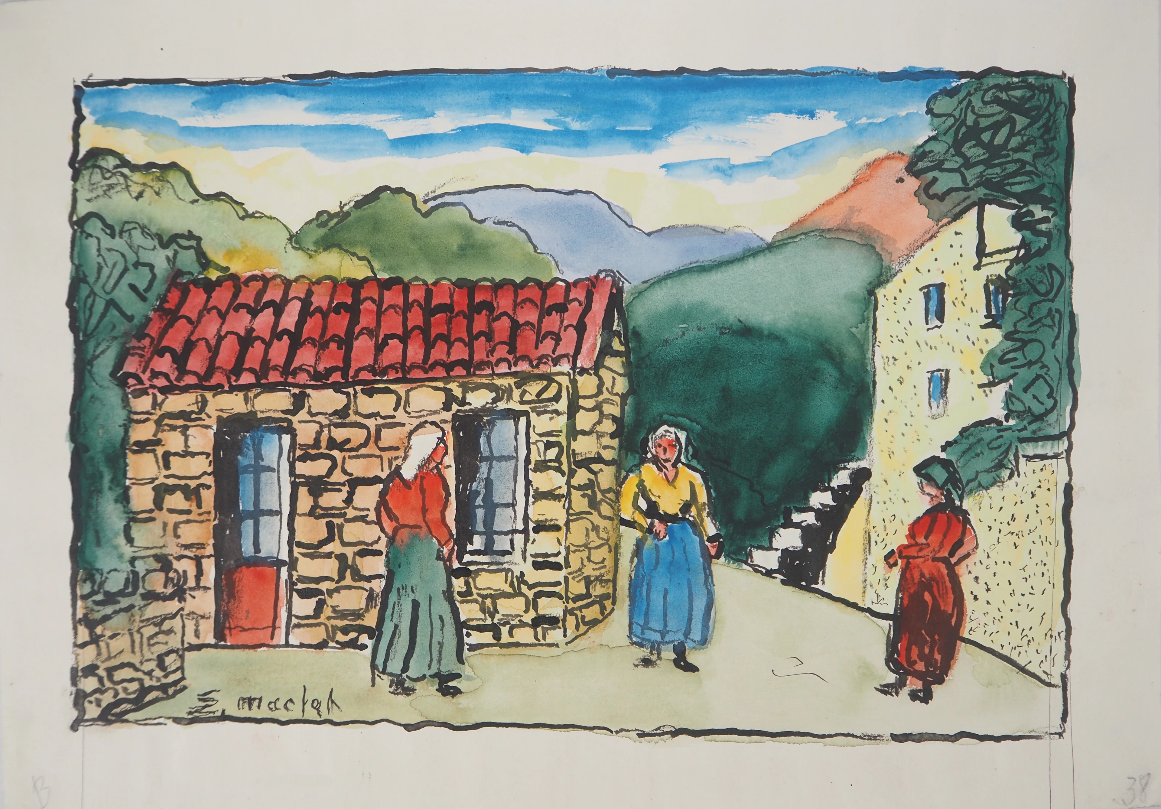 Elisée MACLET - Bretonnes à l’entrée du Village - Aquarelle, Signée