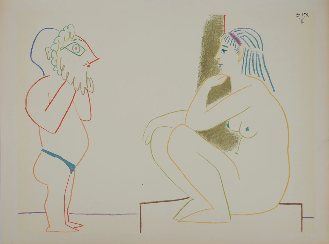 Pablo PICASSO : Homme au masque et nu assis, Lithographie