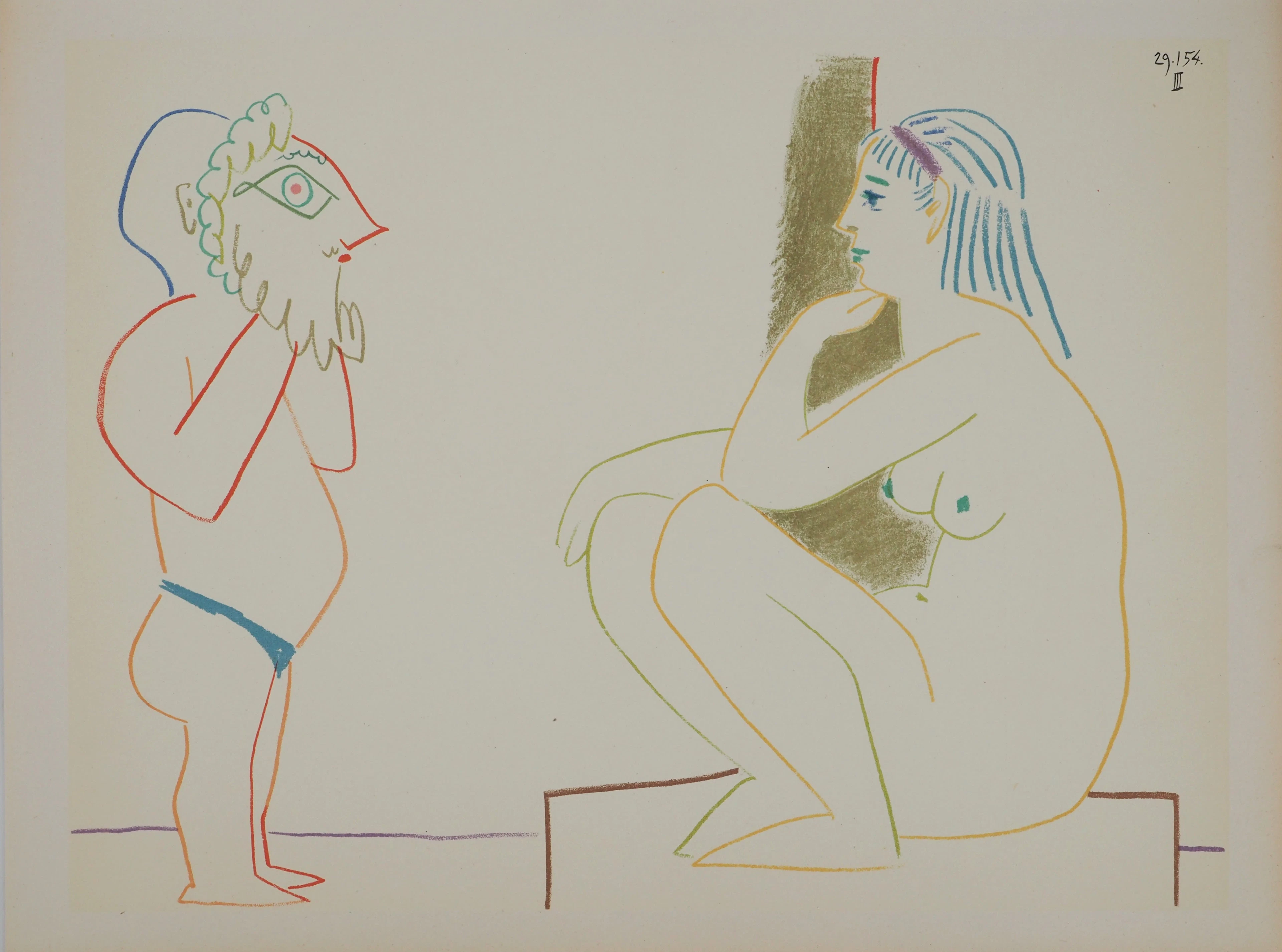 Pablo PICASSO : Homme au masque et nu assis, Lithographie