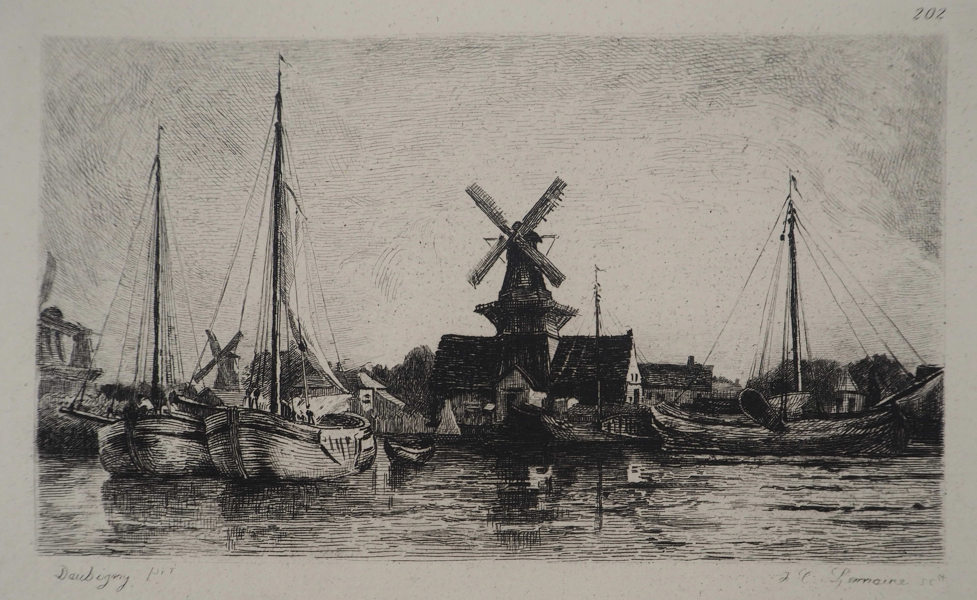 Charles DAUBIGNY - Moulins en Hollande - Gravure, Signée #Durand Ruel - 1873