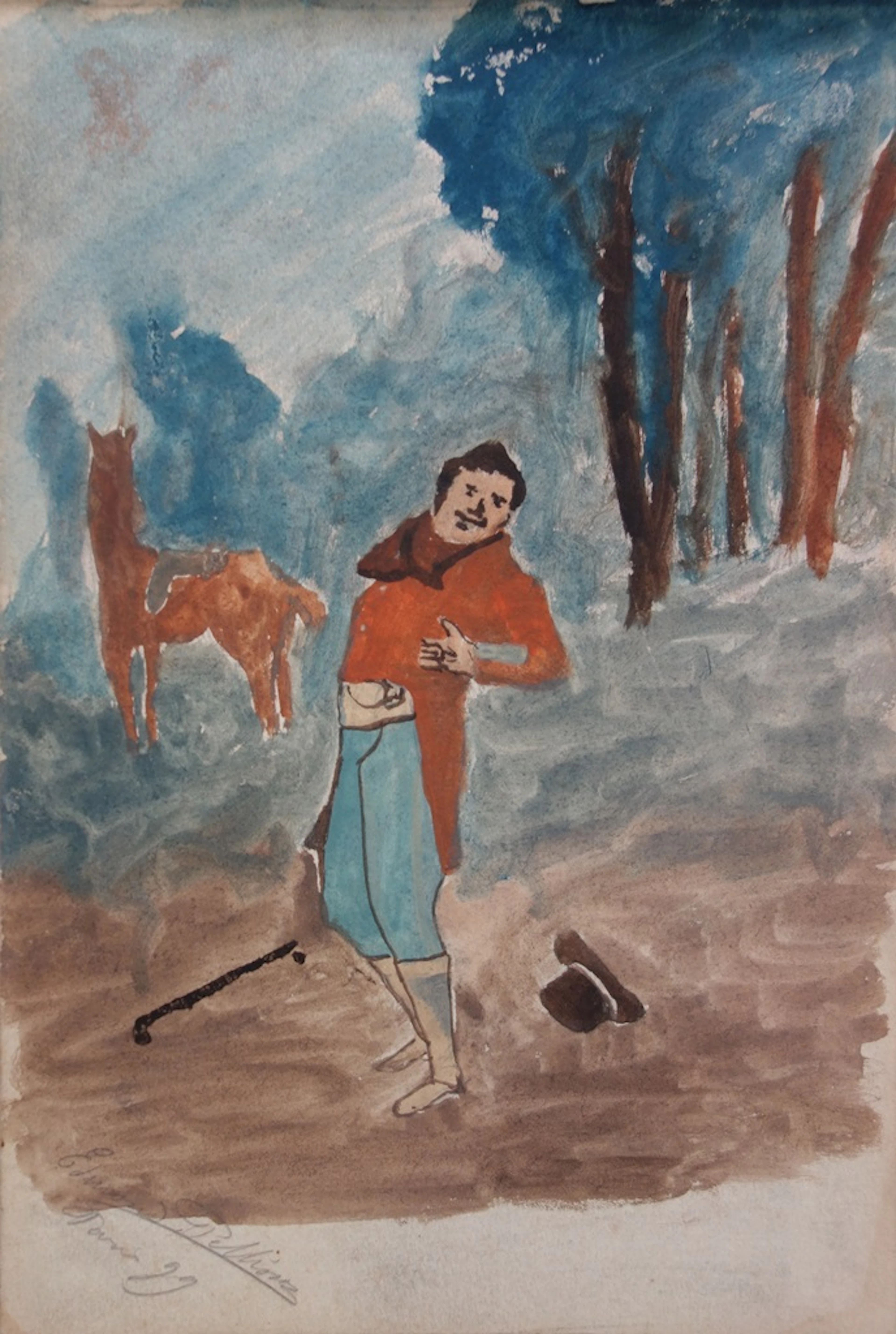 Edmond PELLISSON : Chute de cheval - Dessin original signé - c. 1899