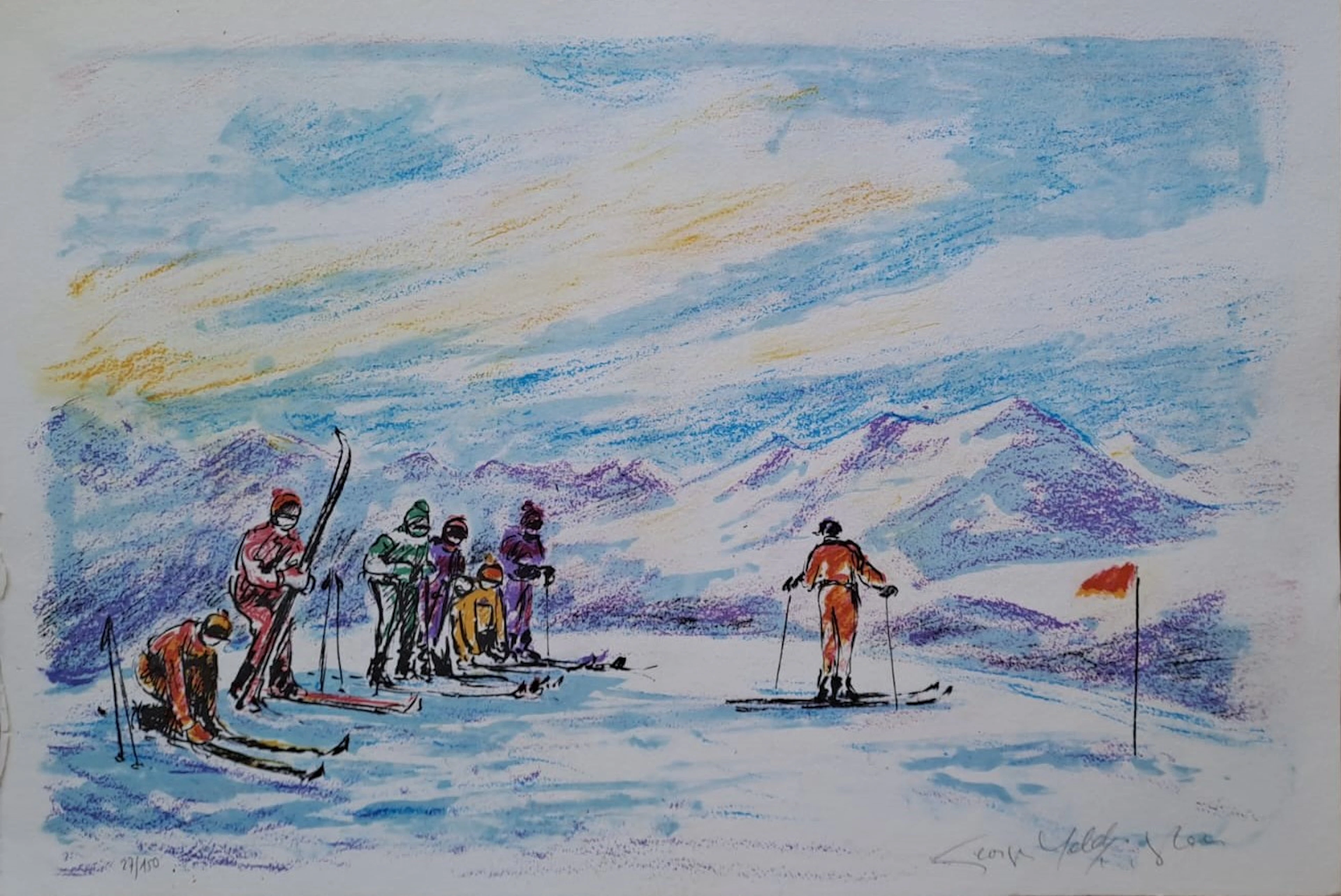 Georges Yoldjoglou - Départ de ski - Lithographie originale en couleur