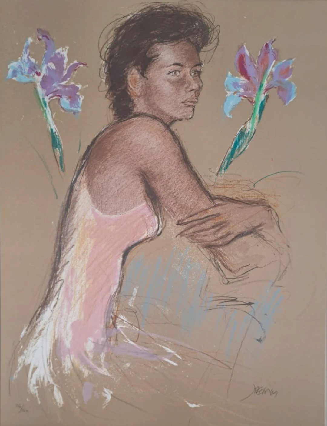 Jacques Pecnard - Jeune fille et les iris, 1991 - Lithographie originale