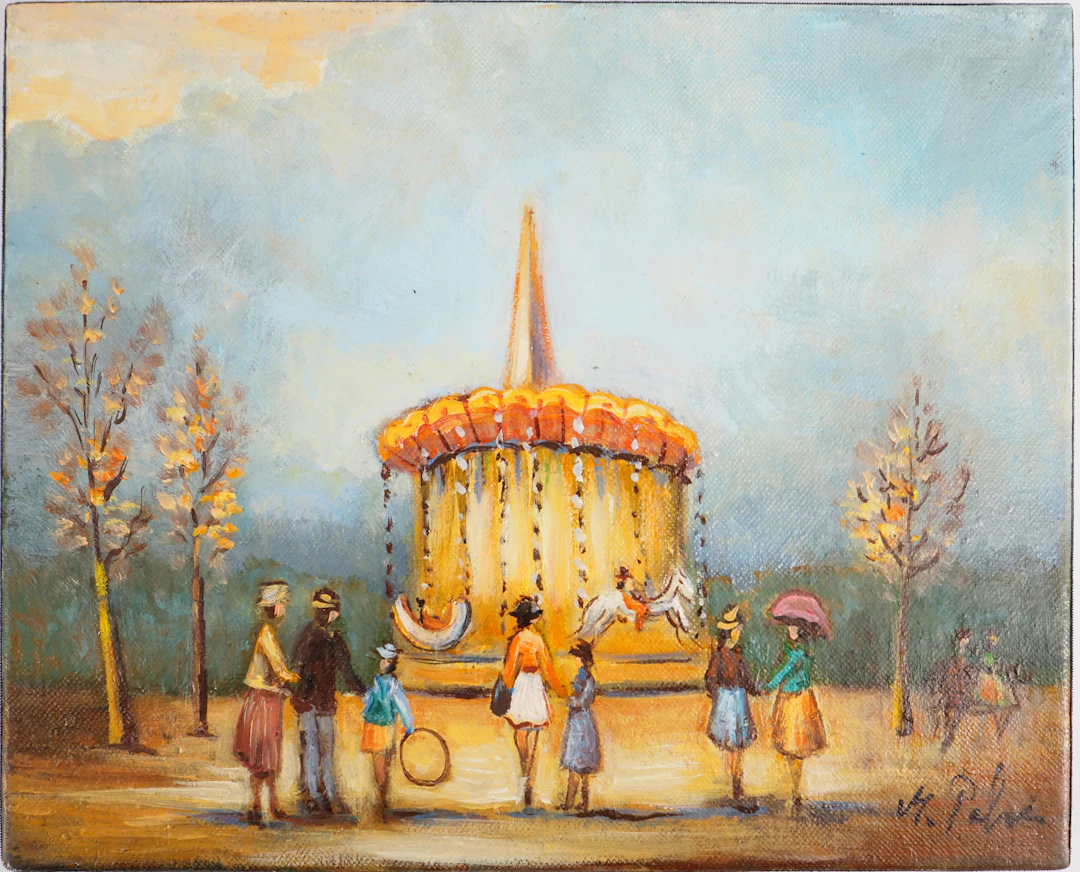 Michel PABOIS - Paris : Chevaux de bois au Tuileries - Huile sur toile