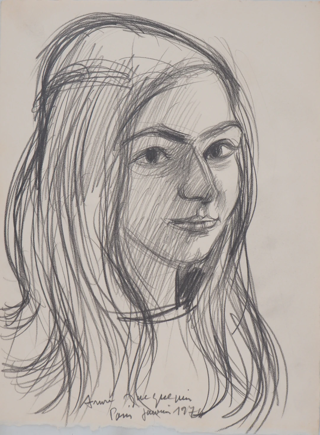 André JACQUEMIN - Portrait aux cheveux longs,1974 - Dessin signé