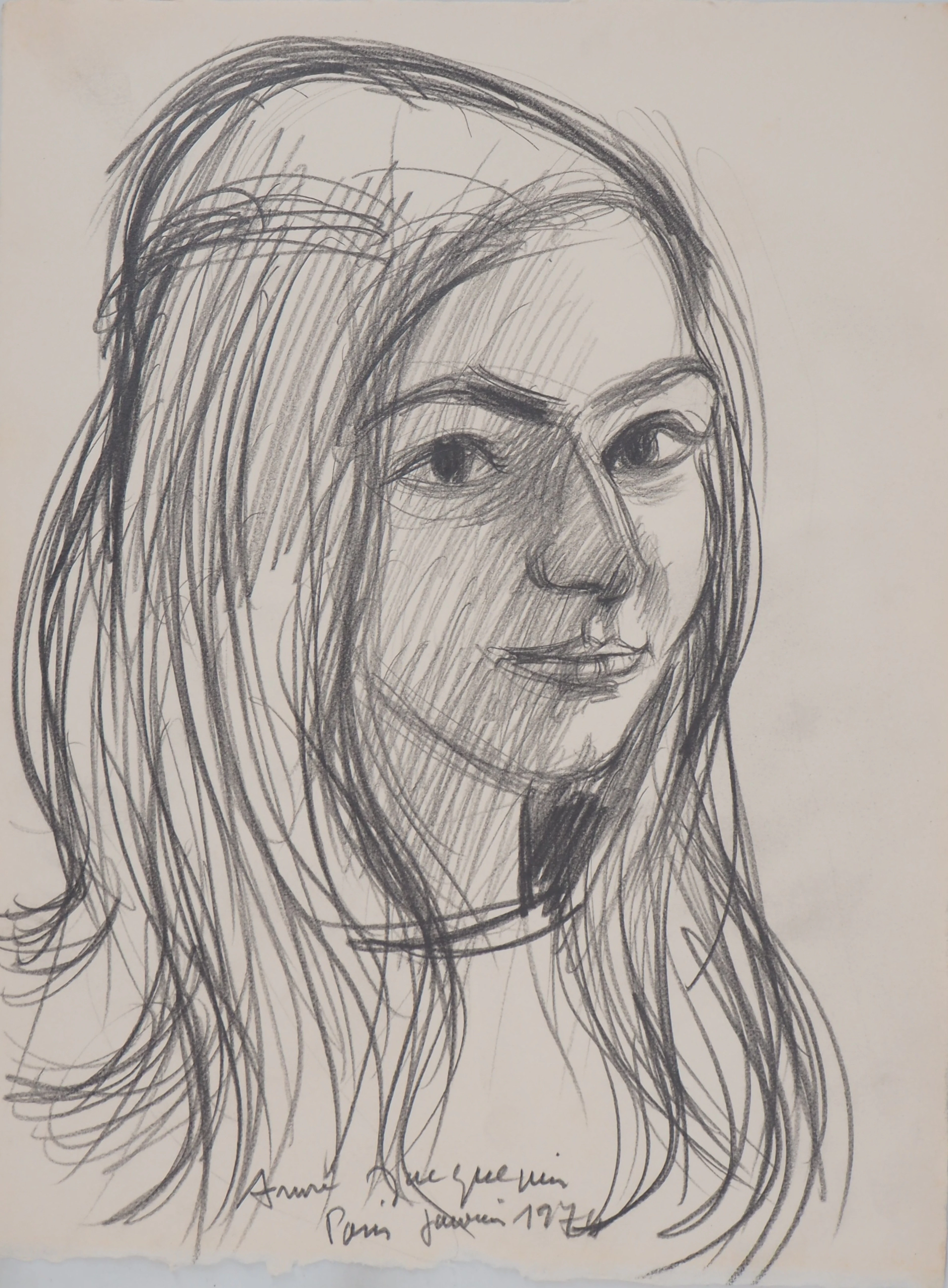 André JACQUEMIN - Portrait aux cheveux longs,1974 - Dessin signé