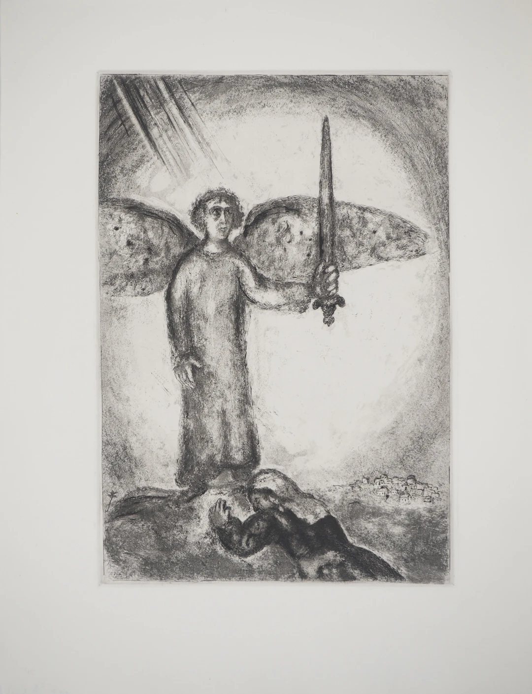 Marc CHAGALL : Josué devant l'ange à l'épée, Gravure originale signée