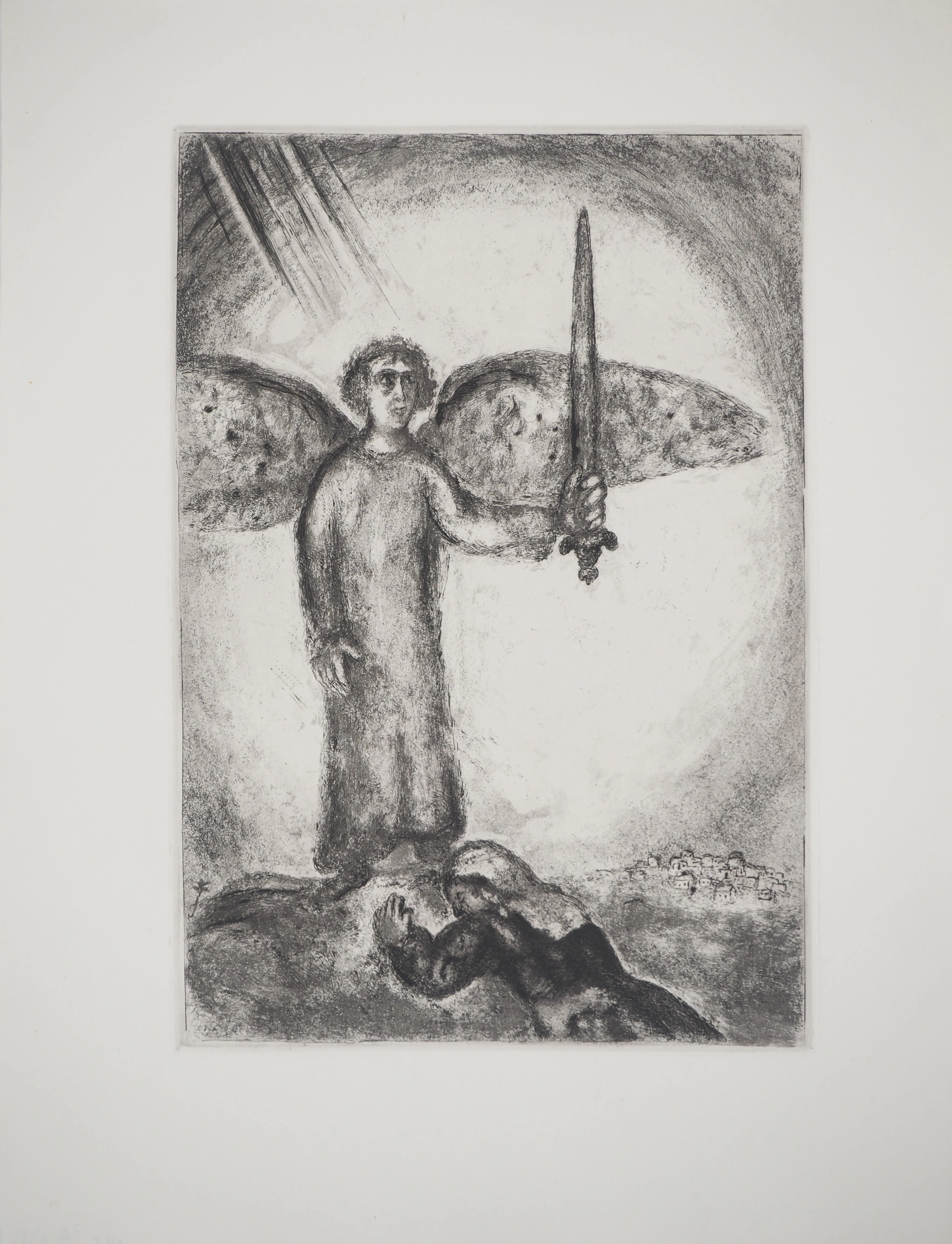 Marc CHAGALL : Josué devant l'ange à l'épée, Gravure originale signée