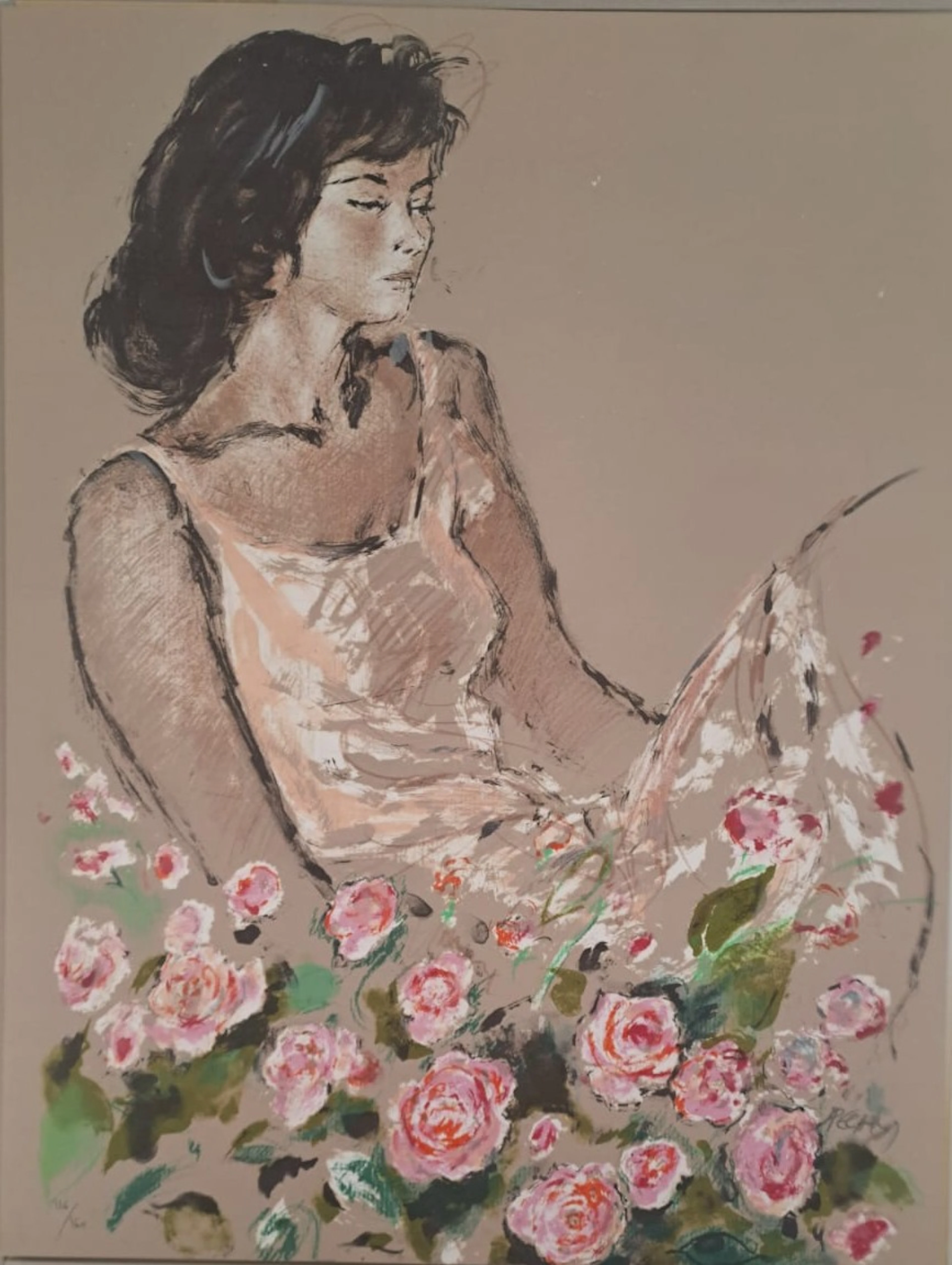 Jacques Pecnard - Jeune fille au milieu des roses, 1991 - Lithographie