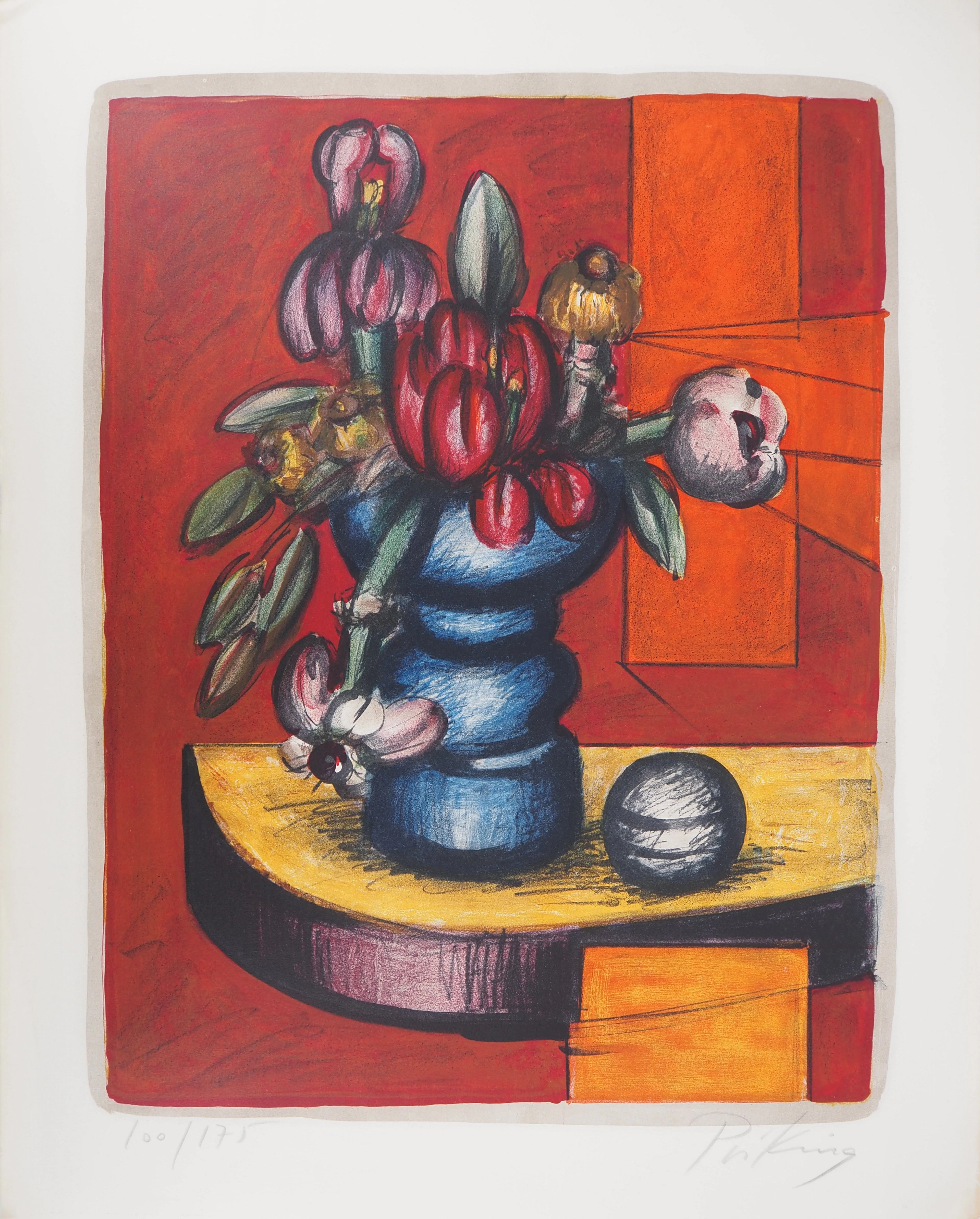 Franz Priking - Bouquet exotique et sphère - Lithographie originale Signée