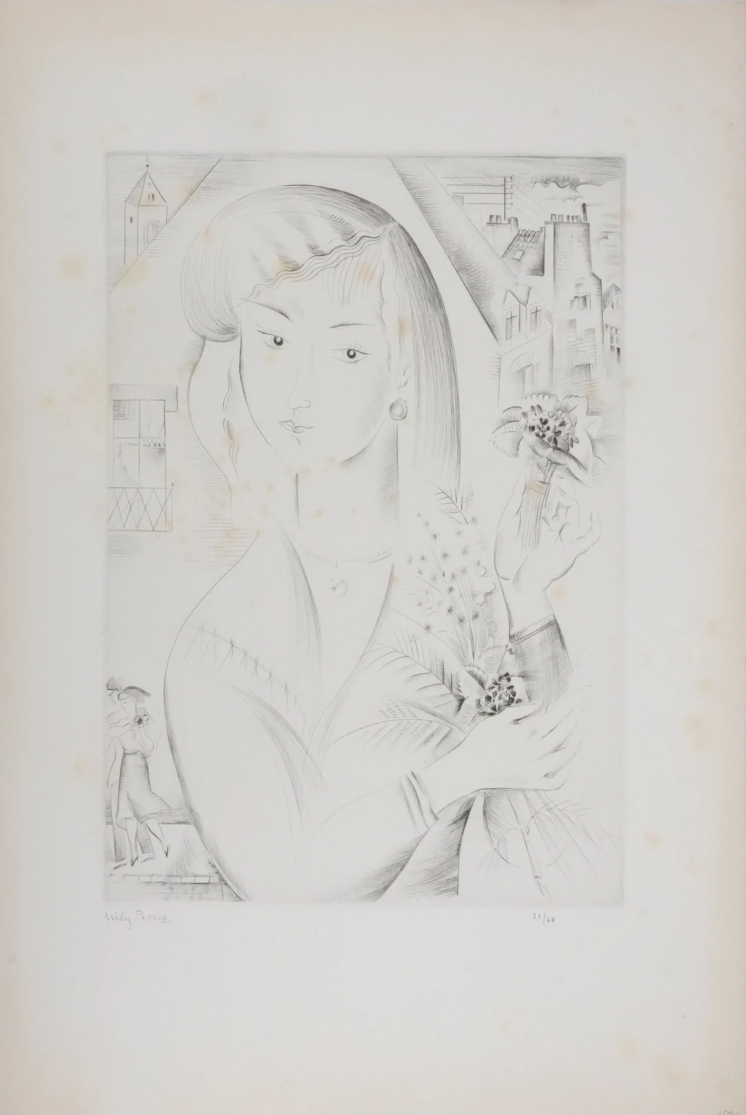 Mily POSSOZ : Jeune femme au bouquet - Gravure originale signée
