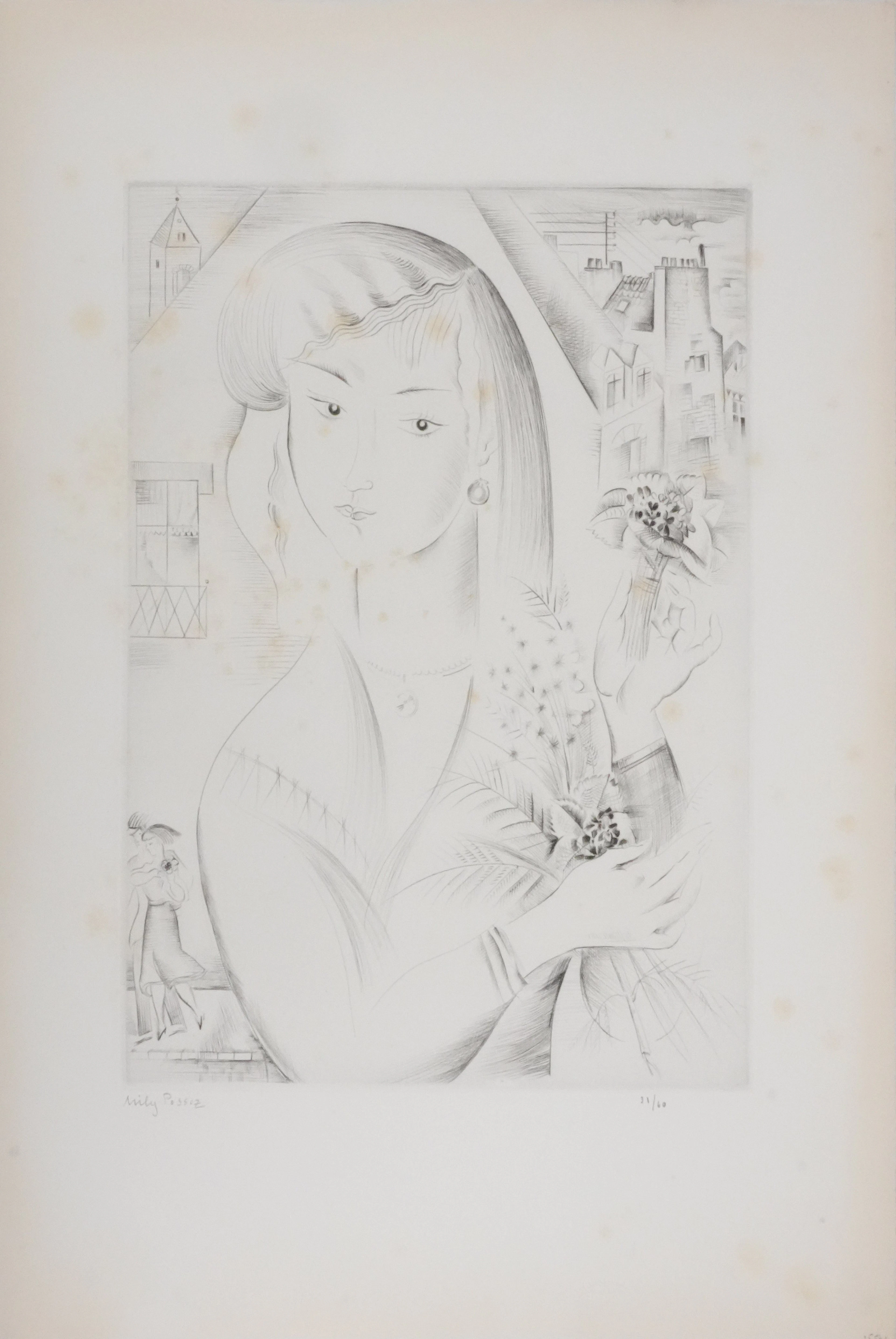 Mily POSSOZ : Jeune femme au bouquet - Gravure originale signée