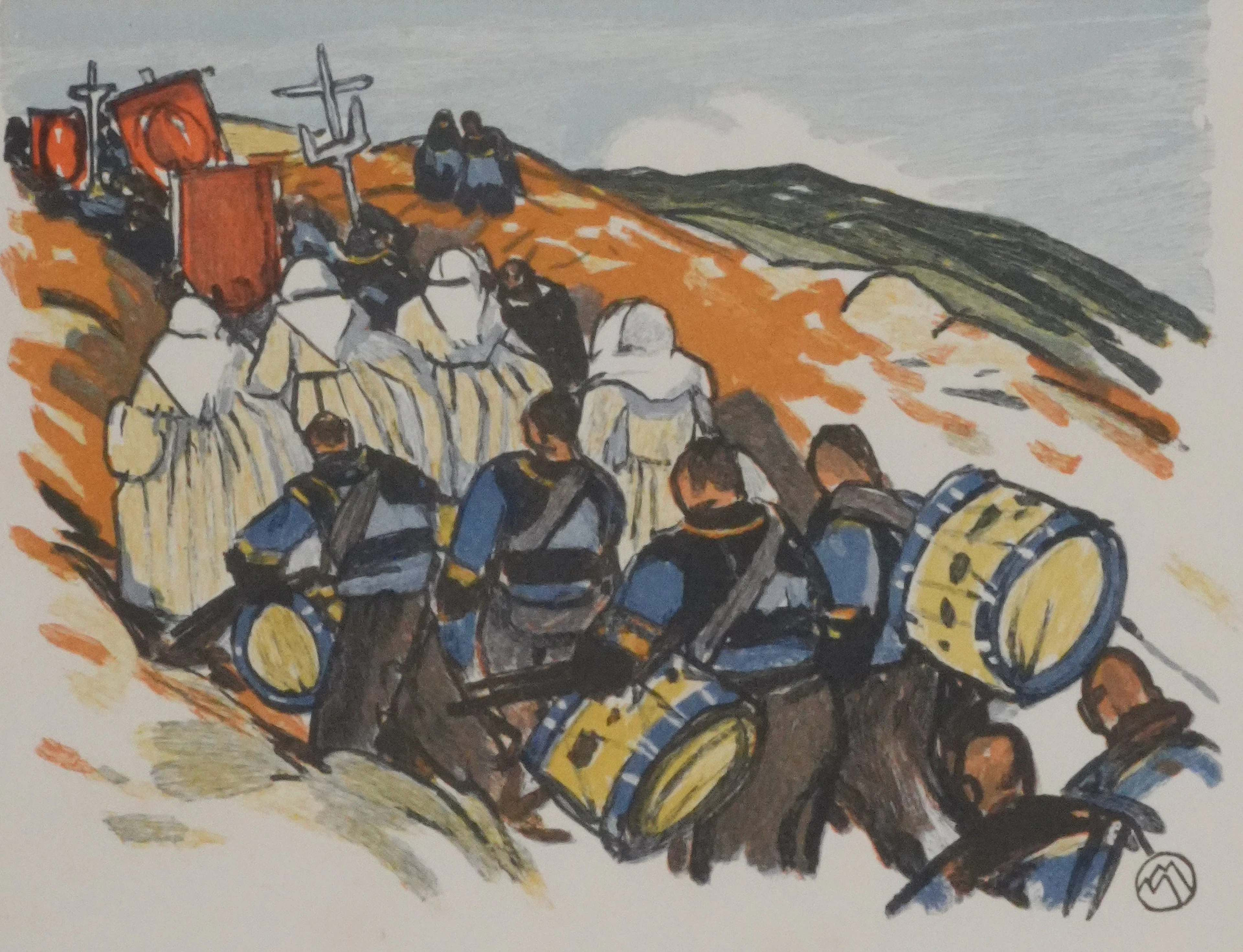 Mathurin MEHEUT : Bretagne, La procession à l’orchestre, Gravure originale