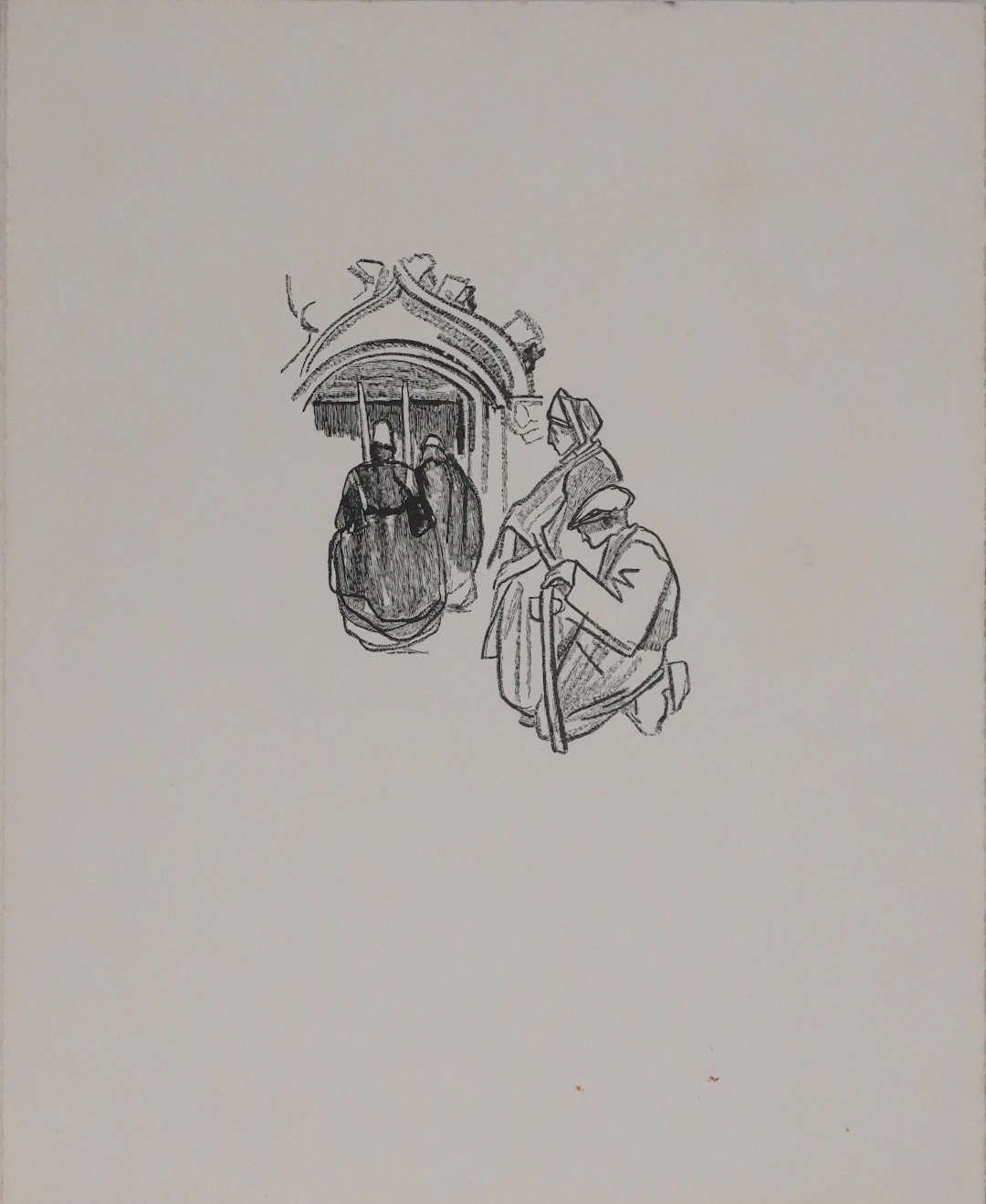 Mathurin MEHEUT : Bretagne, L'entrée de l'église (Noir), Gravure originale