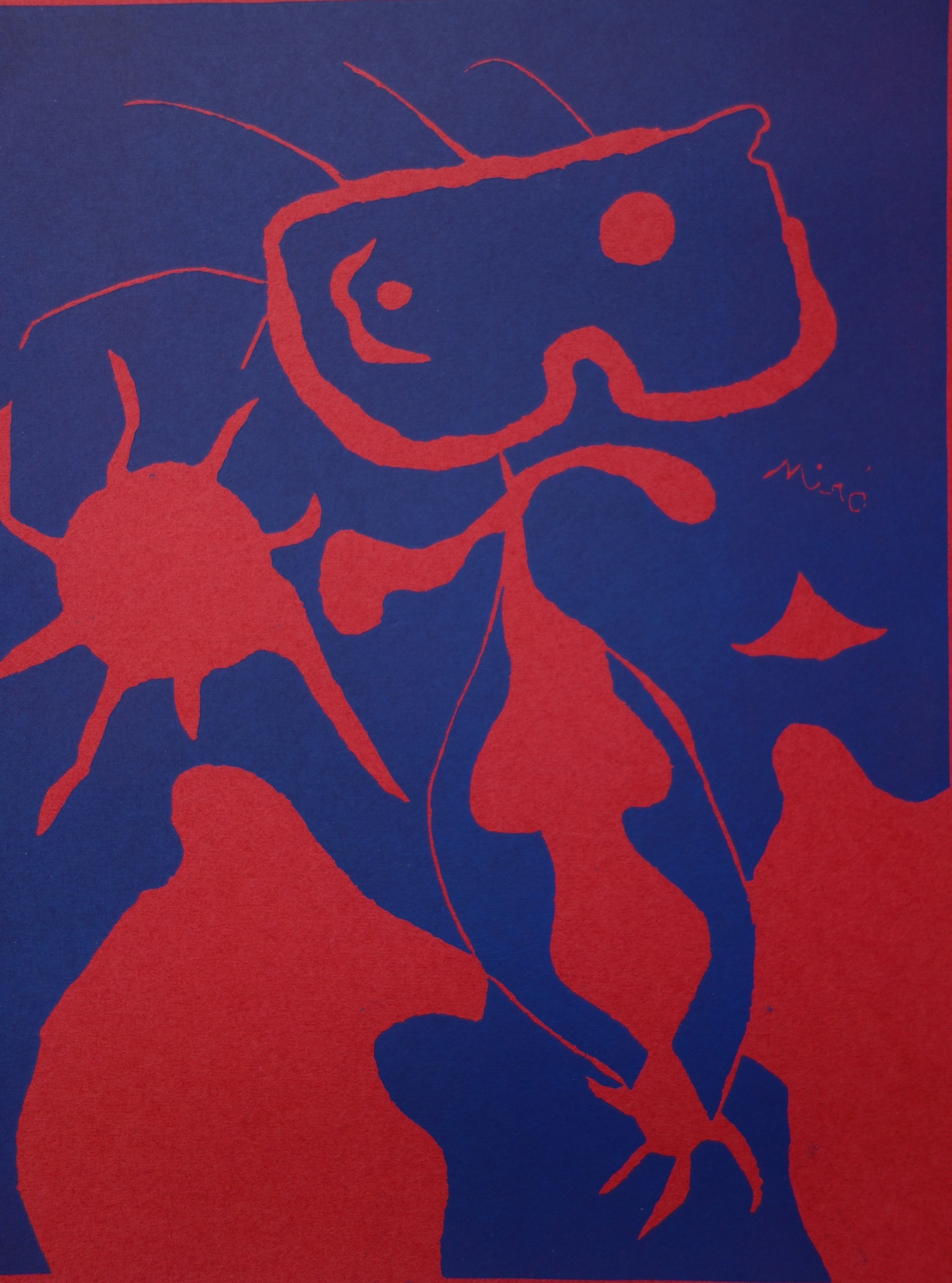 Joan MIRO : Homme au soleil rouge, 1959 - Linogravure originale signée
