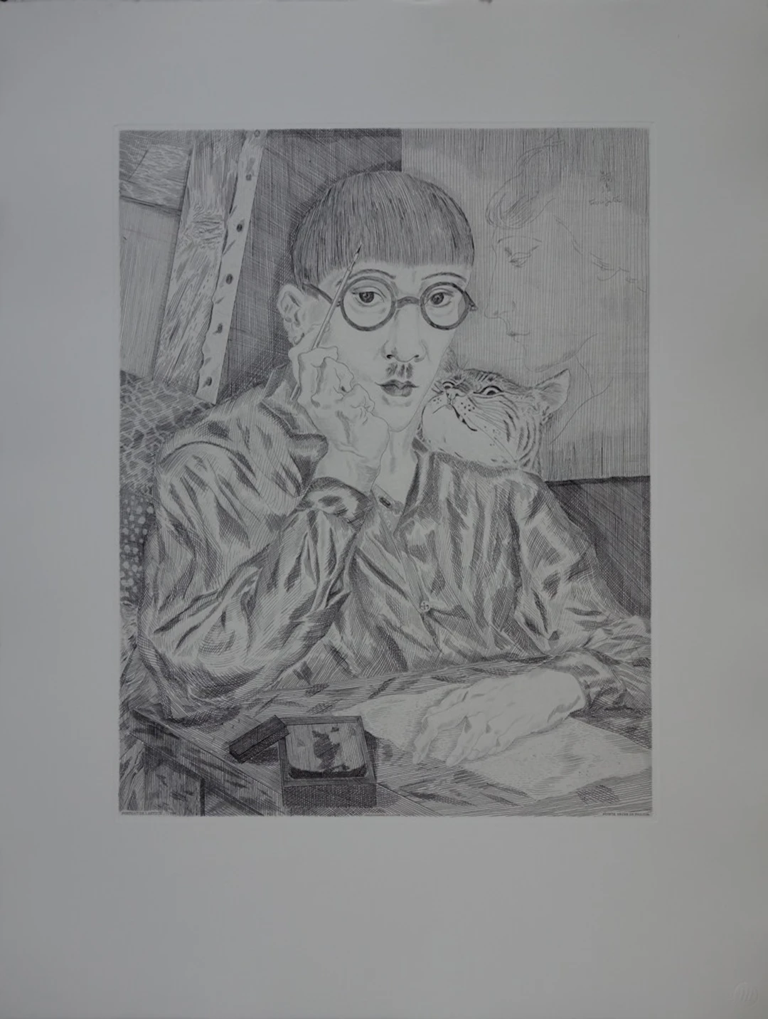 Tsuguharu Léonard FOUJITA : Autoportrait au chat, Gravure originale signée