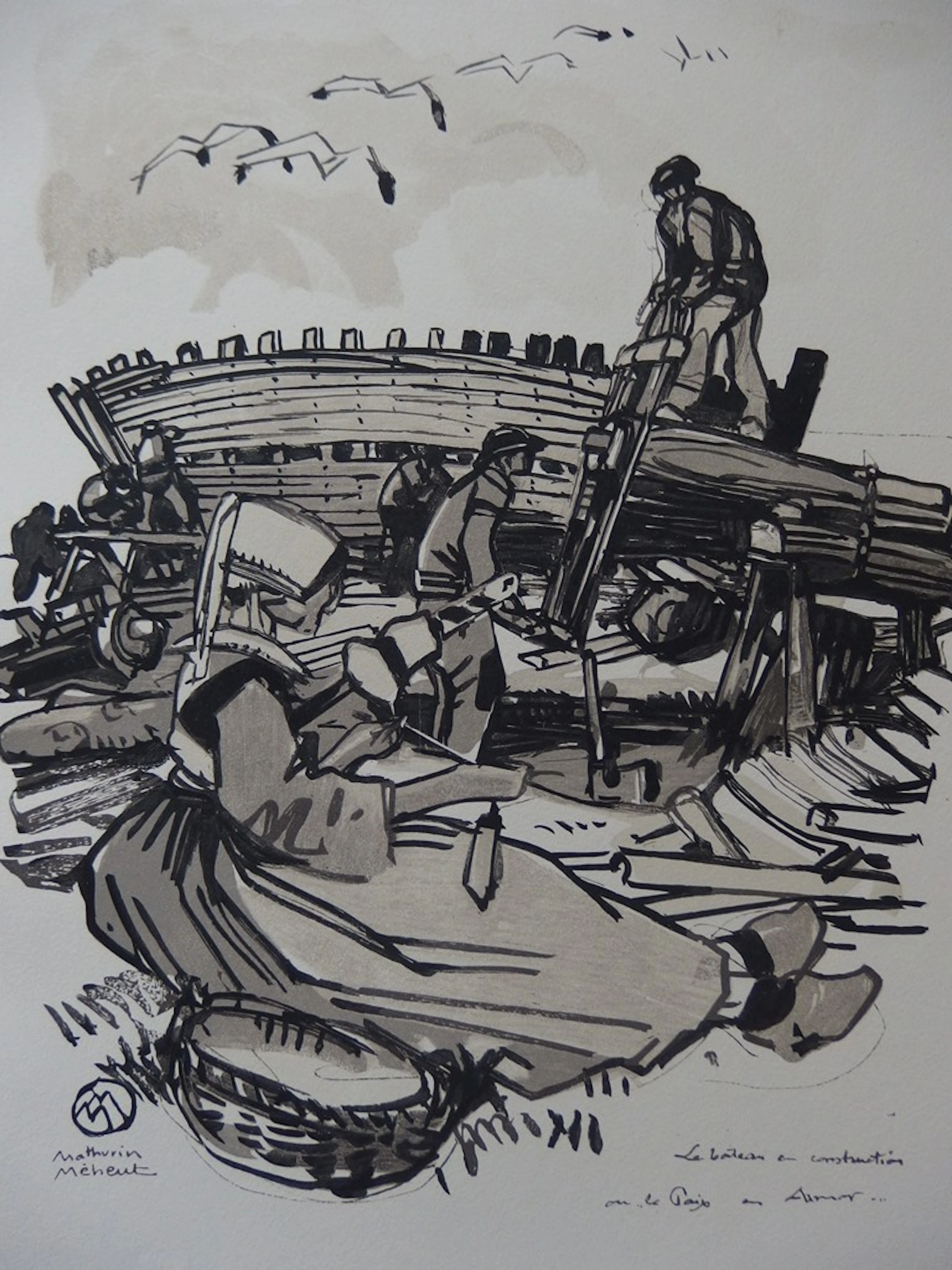 Mathurin MEHEUT - Les bateaux en construction en Armor - Bois gravé original