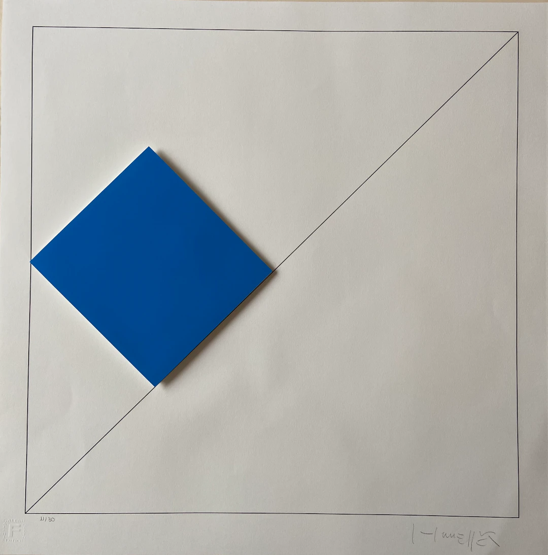 Gottfried HONEGGER - Composition 1 carré 3D bleu foncé, 2015 - Sérigraphie