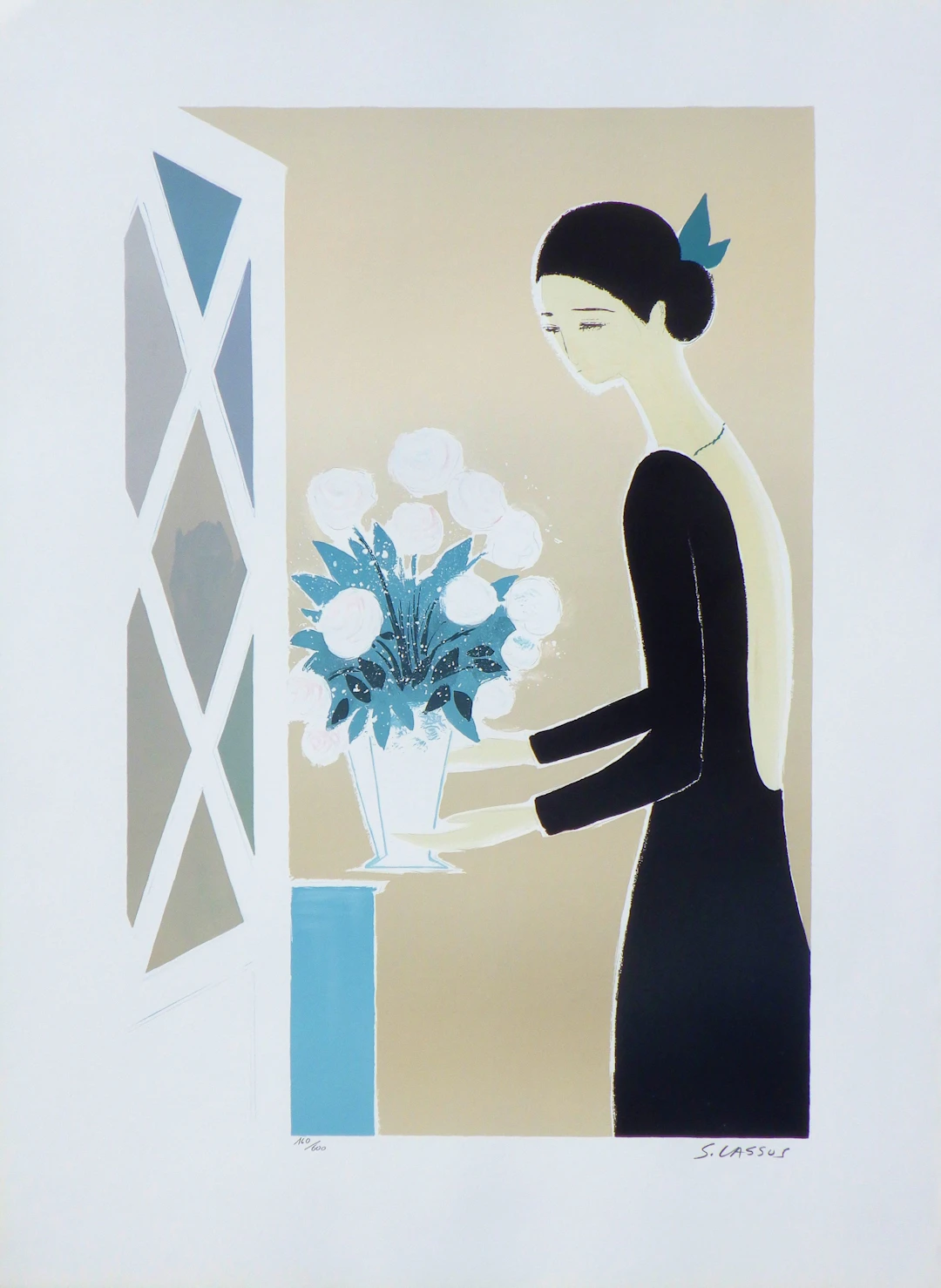 Serge LASSUS : Le bouquet blanc, Lithographie originale signée